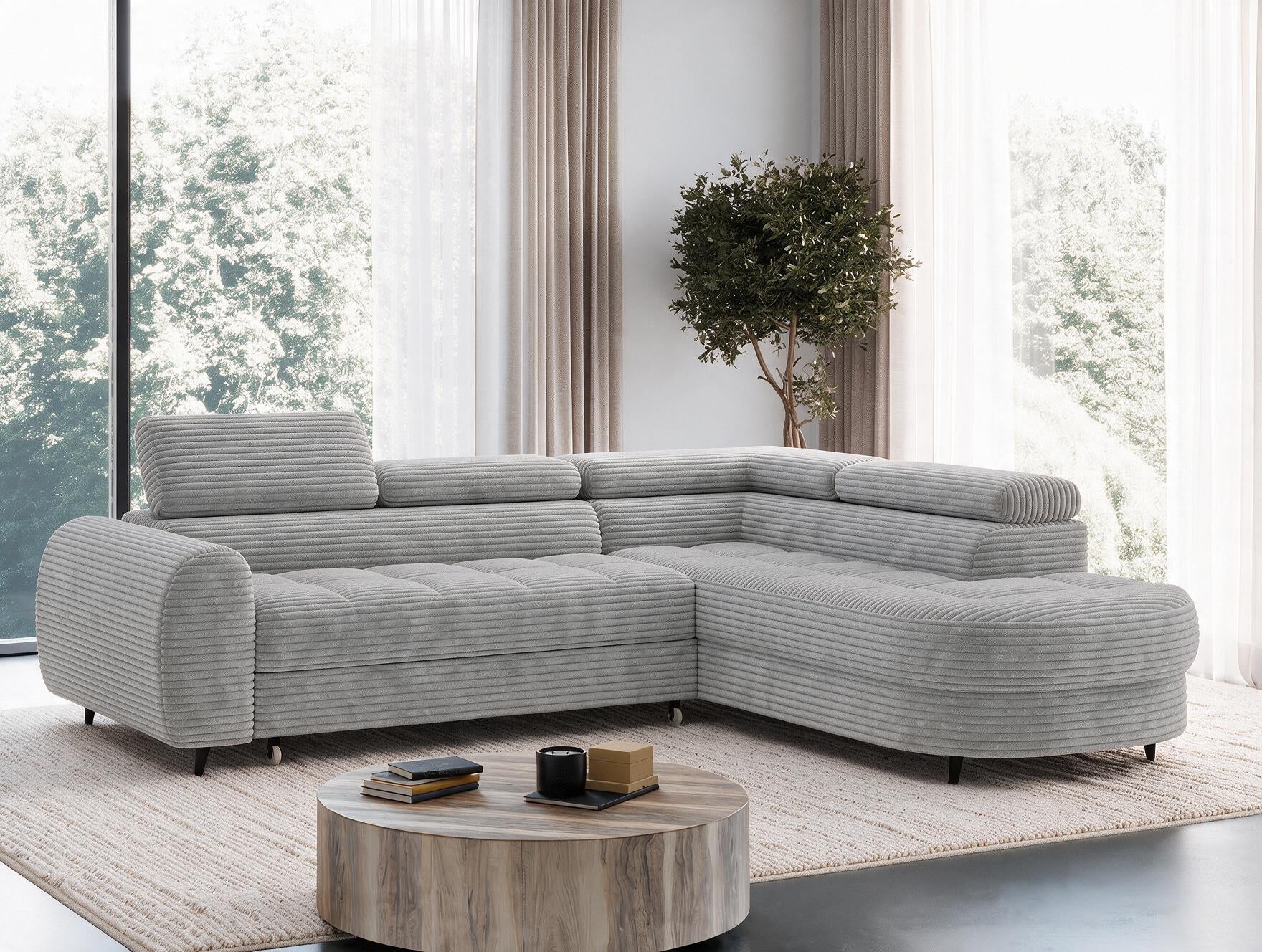 Canapé d'angle convertible design ALESIA avec coffre de rangement - Velours côtelé épais gris clair - vue 5