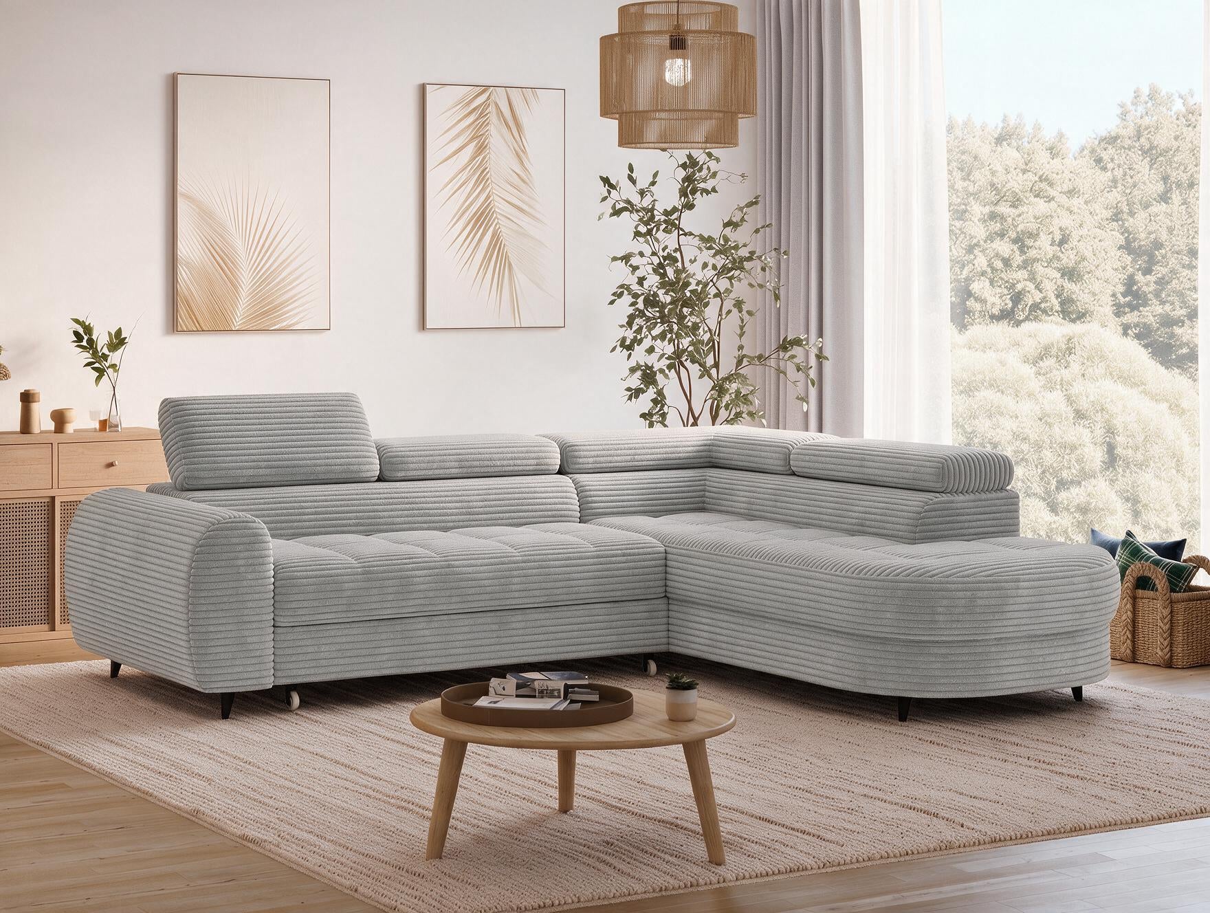 Canapé d'angle convertible design ALESIA avec coffre de rangement - Velours côtelé épais gris clair - vue 6