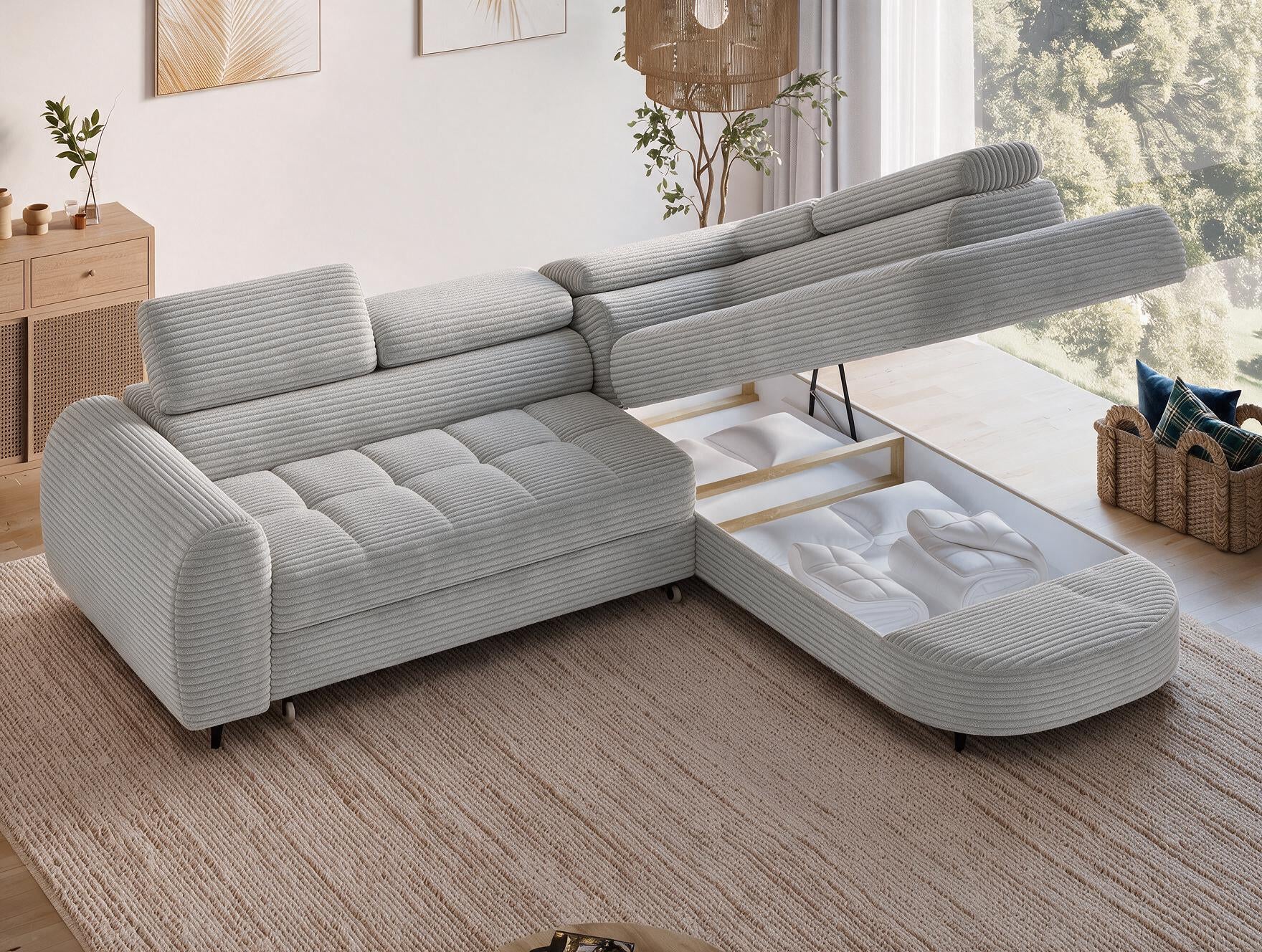 Canapé d'angle convertible design ALESIA avec coffre de rangement - Velours côtelé épais gris clair - vue 9