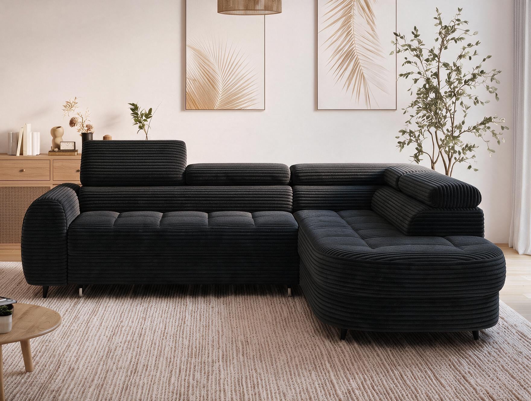 Canapé d'angle convertible design ALESIA avec coffre de rangement - Velours côtelé épais noir - vue 3
