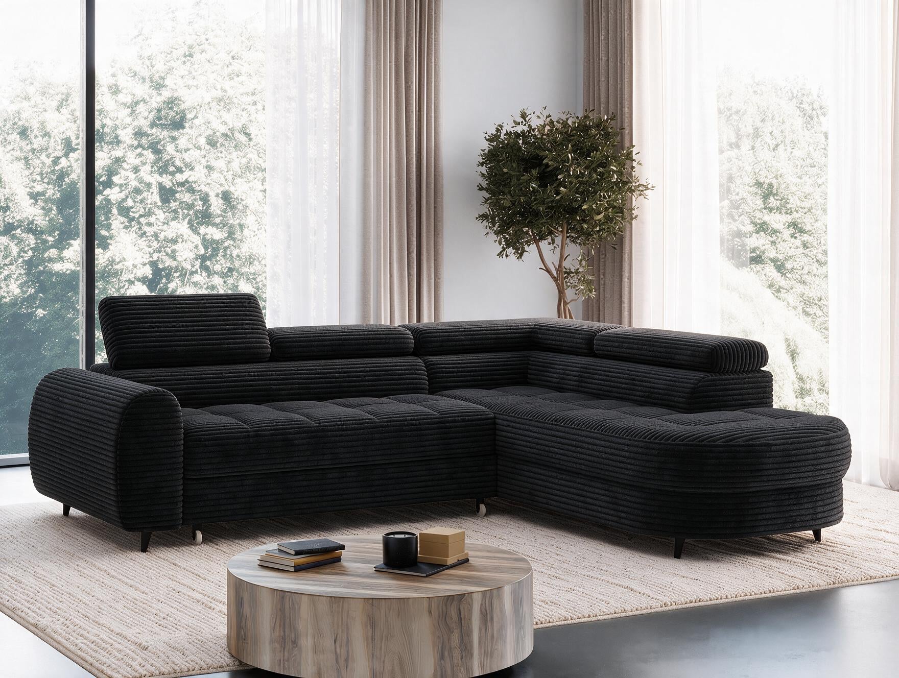 Canapé d'angle convertible design ALESIA avec coffre de rangement - Velours côtelé épais noir - vue 5