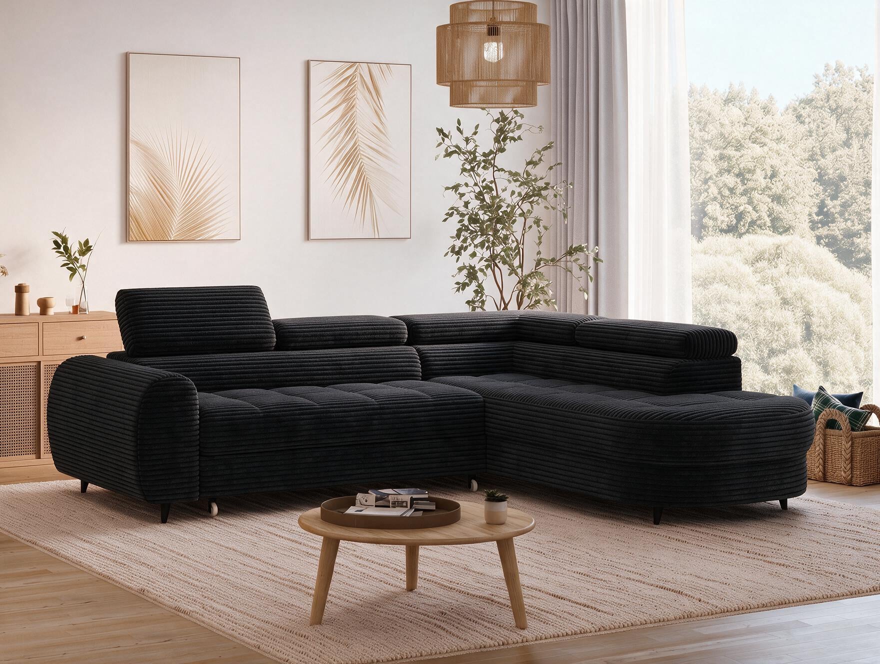 Canapé d'angle convertible design ALESIA avec coffre de rangement - Velours côtelé épais noir - vue 6