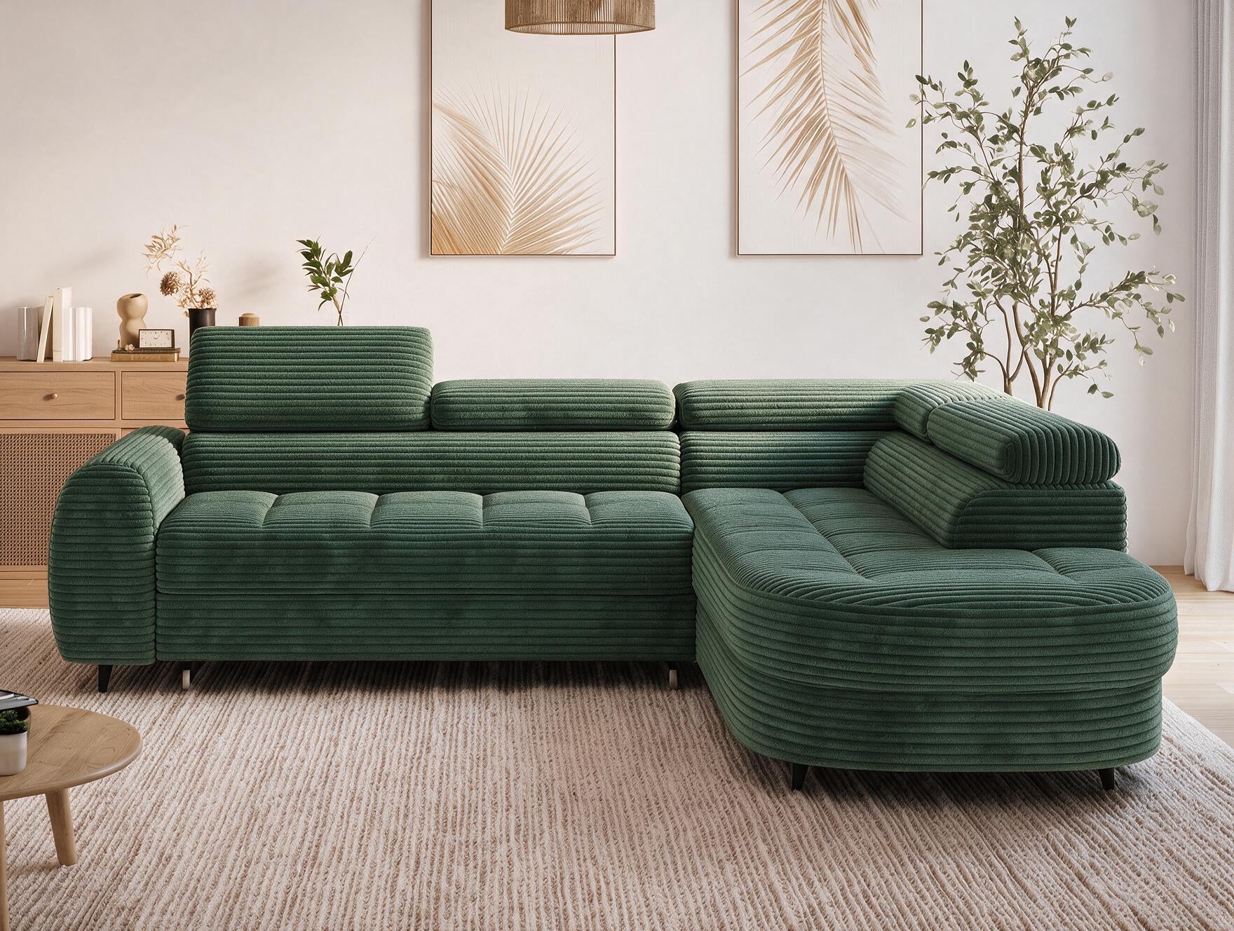Canapé d'angle convertible design ALESIA avec coffre de rangement - Velours côtelé épais vert - vue 3