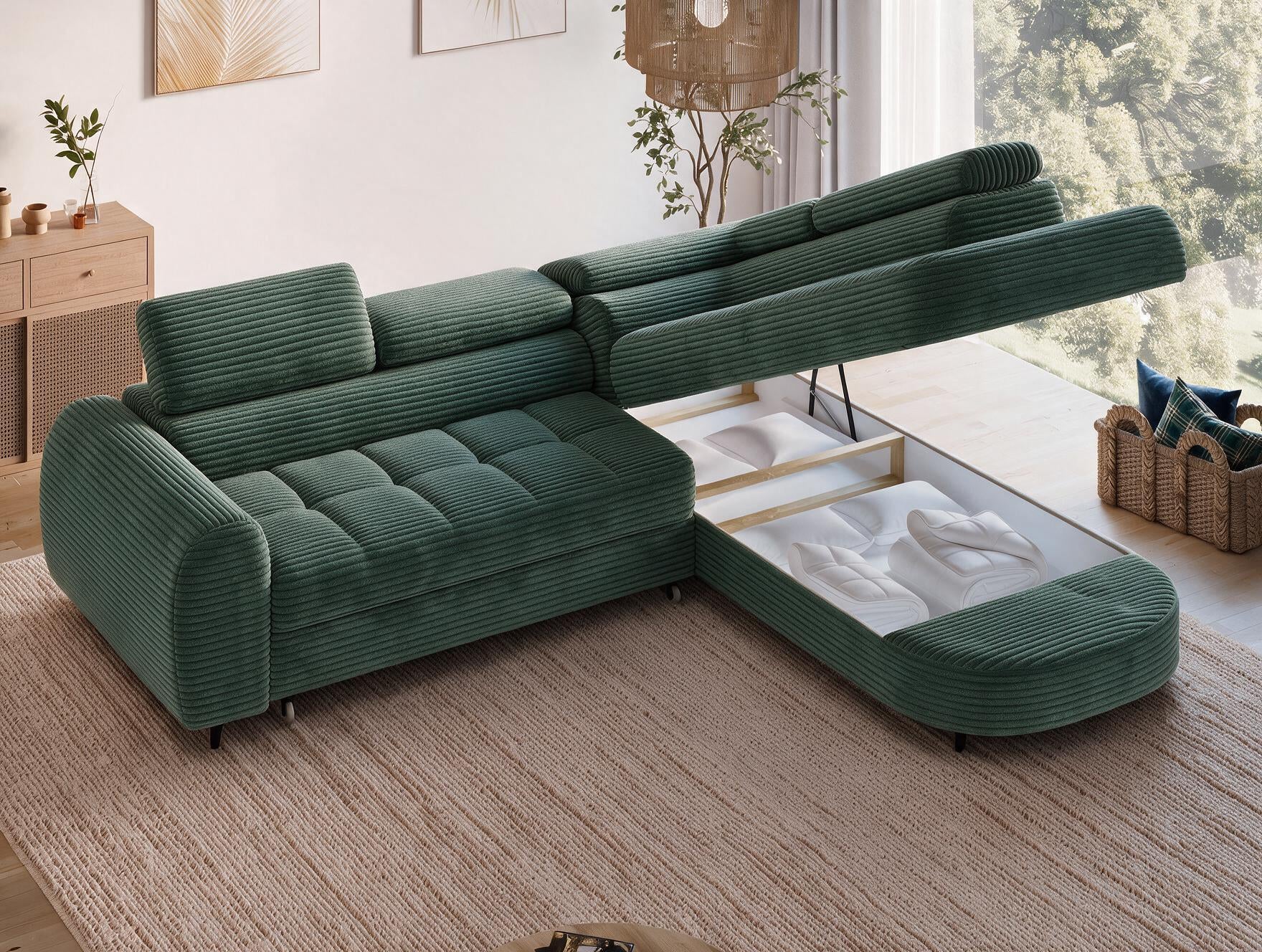 Canapé d'angle convertible design ALESIA avec coffre de rangement - Velours côtelé épais vert - vue 9