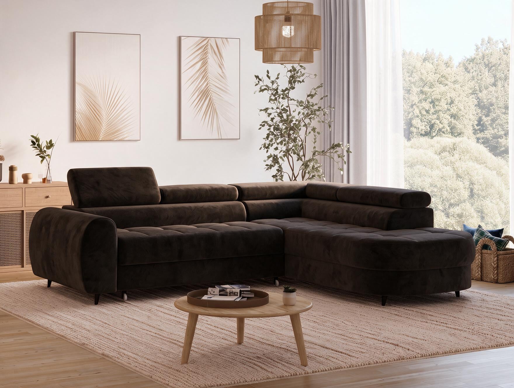 Canapé d'angle convertible design ALESIA avec coffre de rangement - Velours marron foncé - vue 6