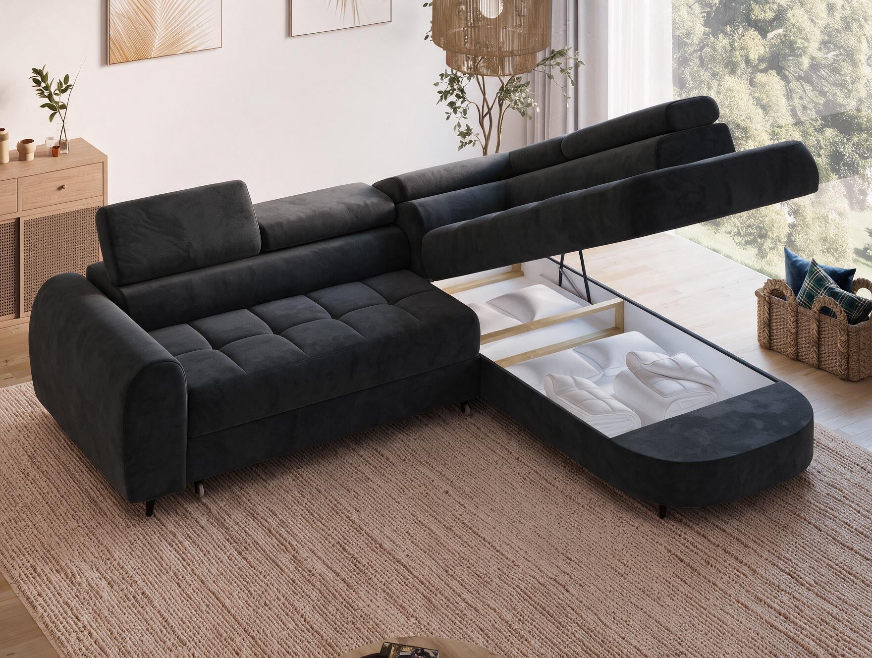 Canapé d'angle convertible design ALESIA avec coffre de rangement - Velours noir - vue 9