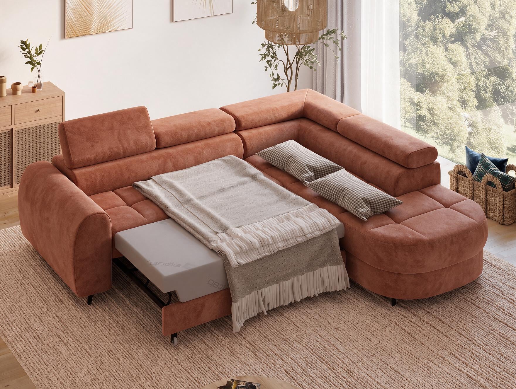 Canapé d'angle convertible design ALESIA avec coffre de rangement - Velours terracotta - vue 2