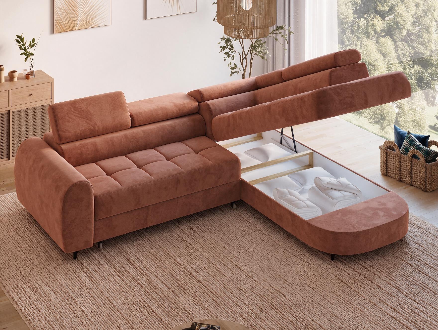 Canapé d'angle convertible design ALESIA avec coffre de rangement - Velours terracotta - vue 9