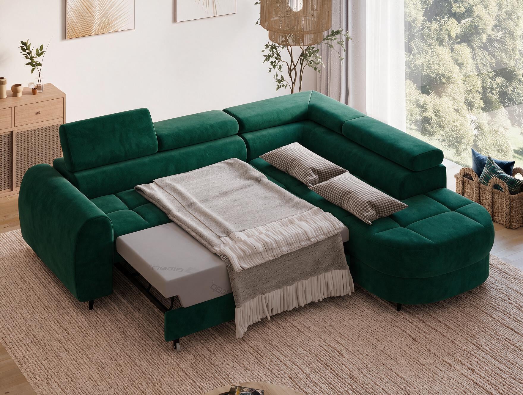Canapé d'angle convertible design ALESIA avec coffre de rangement - Velours vert sapin - vue 2