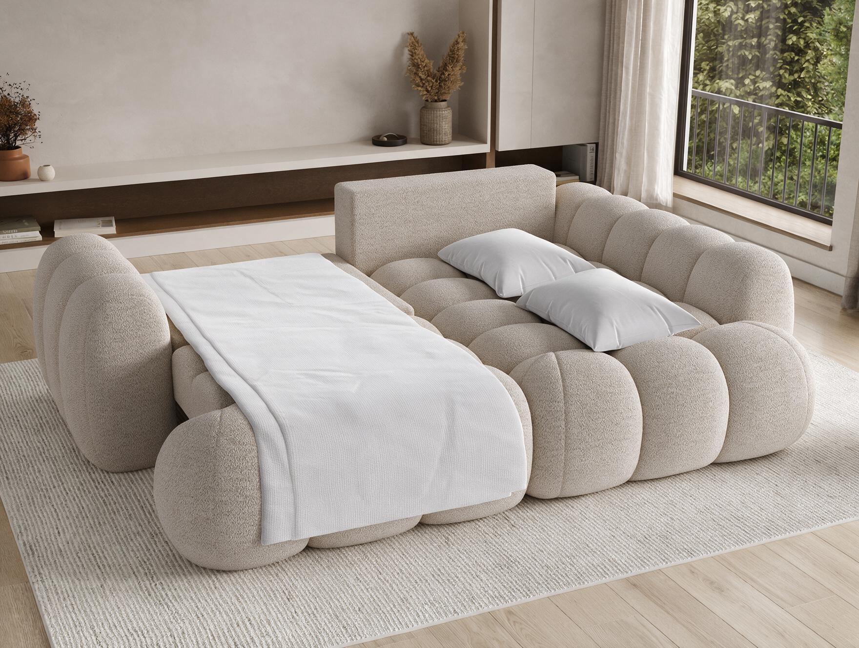 Canapé d'angle convertible design AUBER avec coffre de rangement - Bouclette chinée beige - vue 2
