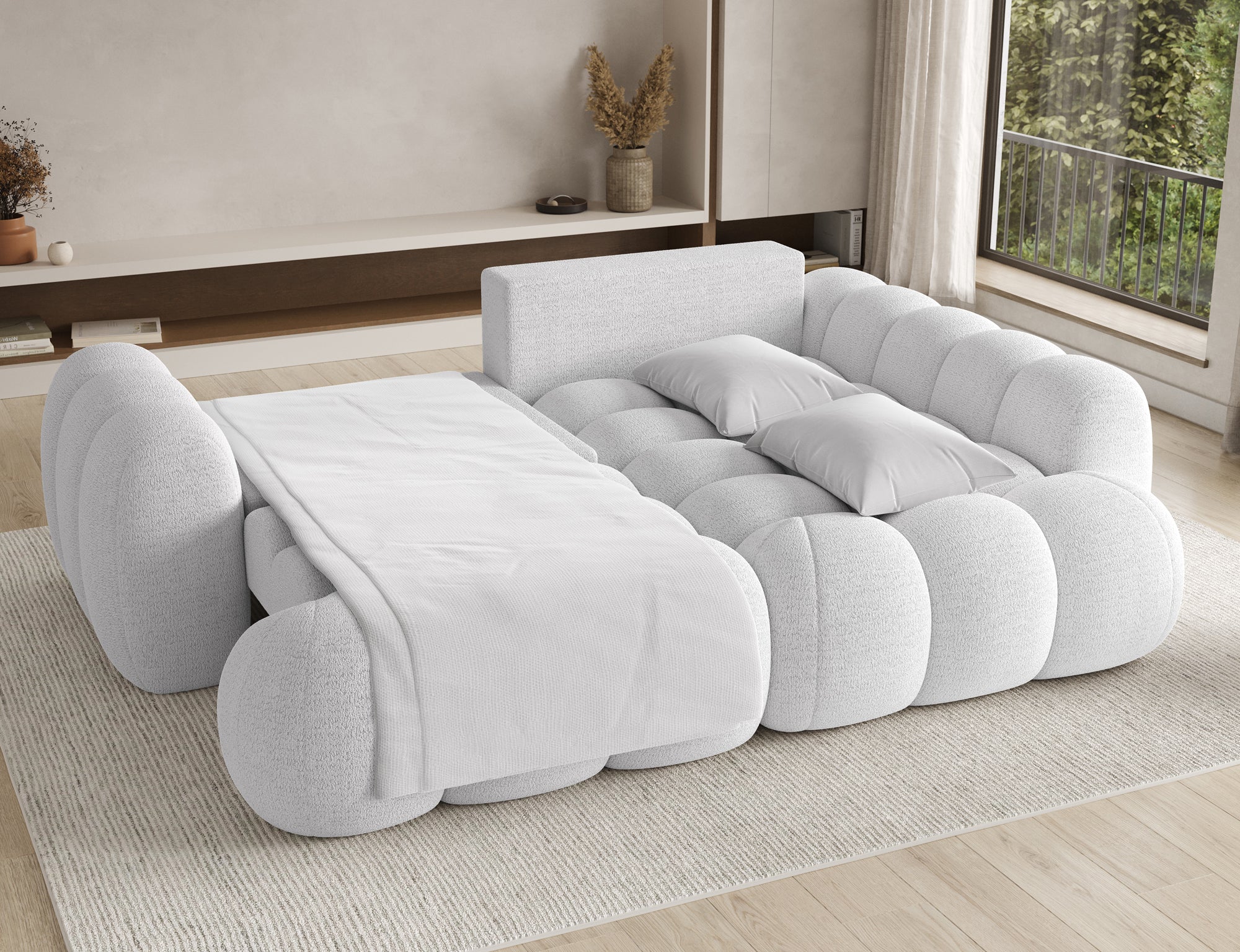 Canapé d'angle convertible design AUBER avec coffre de rangement - Bouclette chinée crème - vue 2