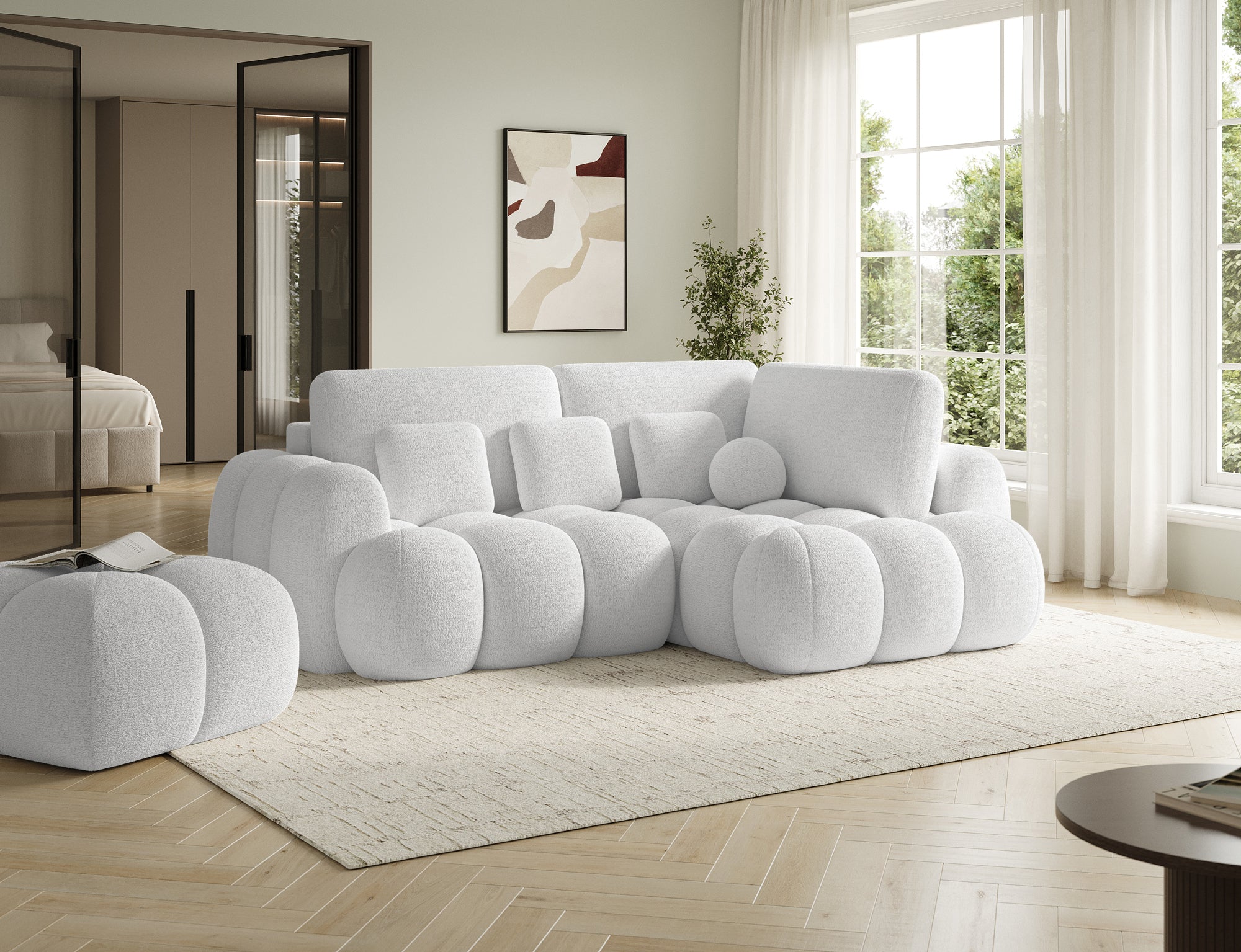 Canapé d'angle convertible design AUBER avec coffre de rangement - Bouclette chinée crème - vue 5