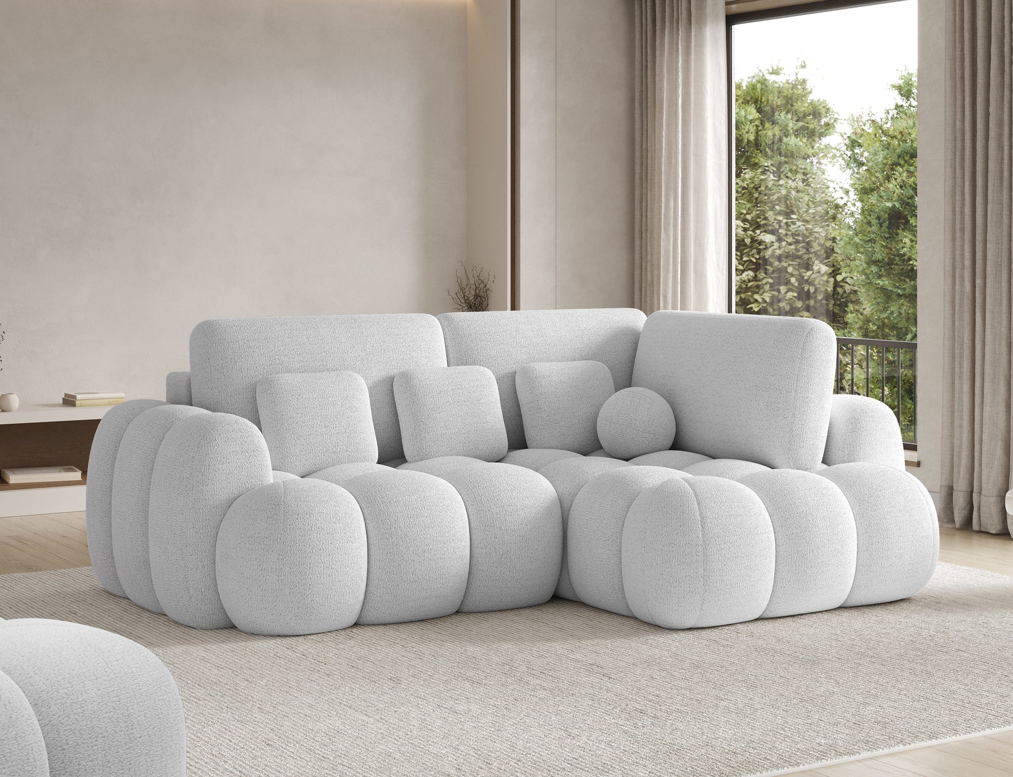 Canapé d'angle convertible design AUBER avec coffre de rangement - Bouclette chinée crème - vue 6