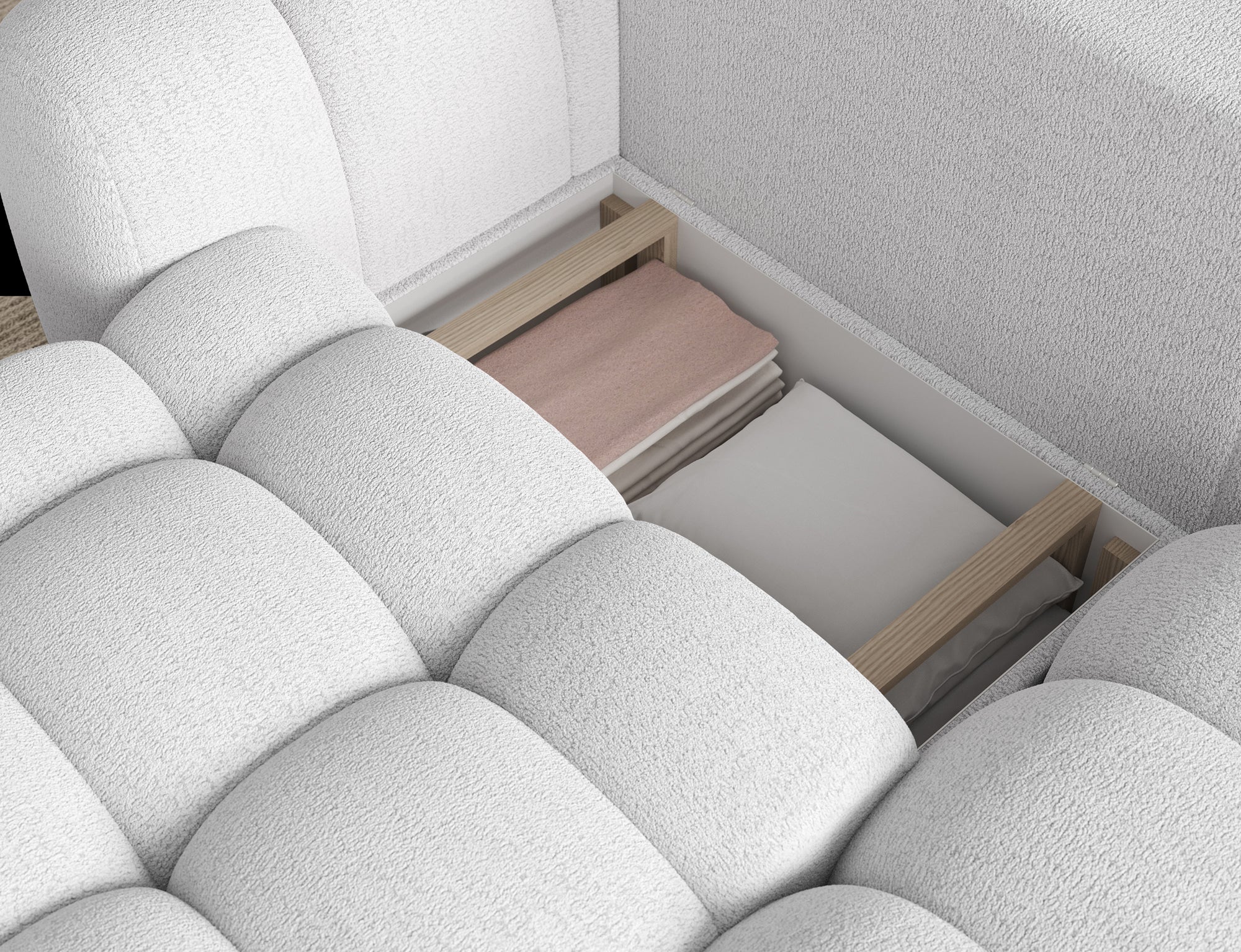 Canapé d'angle convertible design AUBER avec coffre de rangement - Bouclette chinée crème - vue 9
