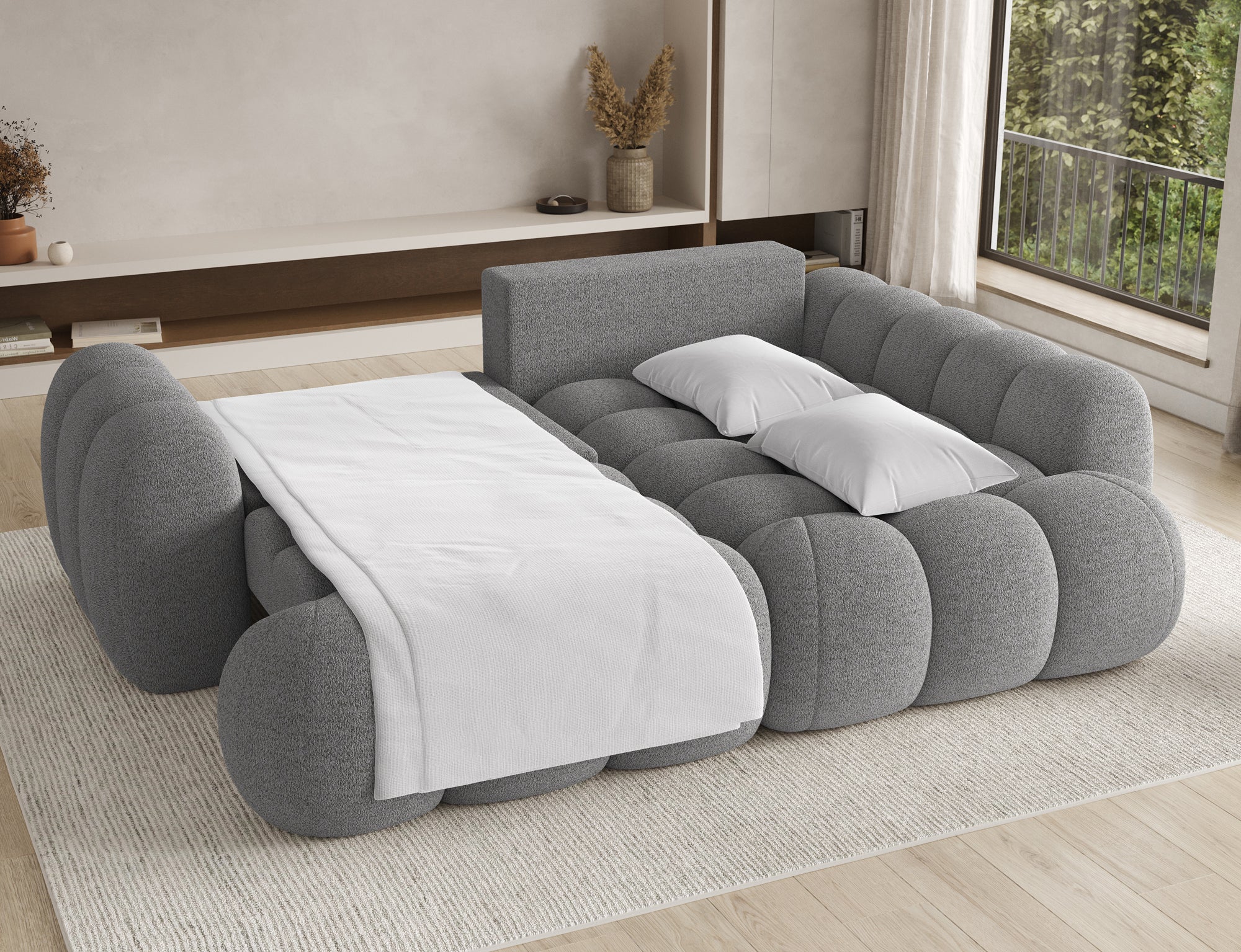 Canapé d'angle convertible design AUBER avec coffre de rangement - Bouclette chinée gris - vue 2