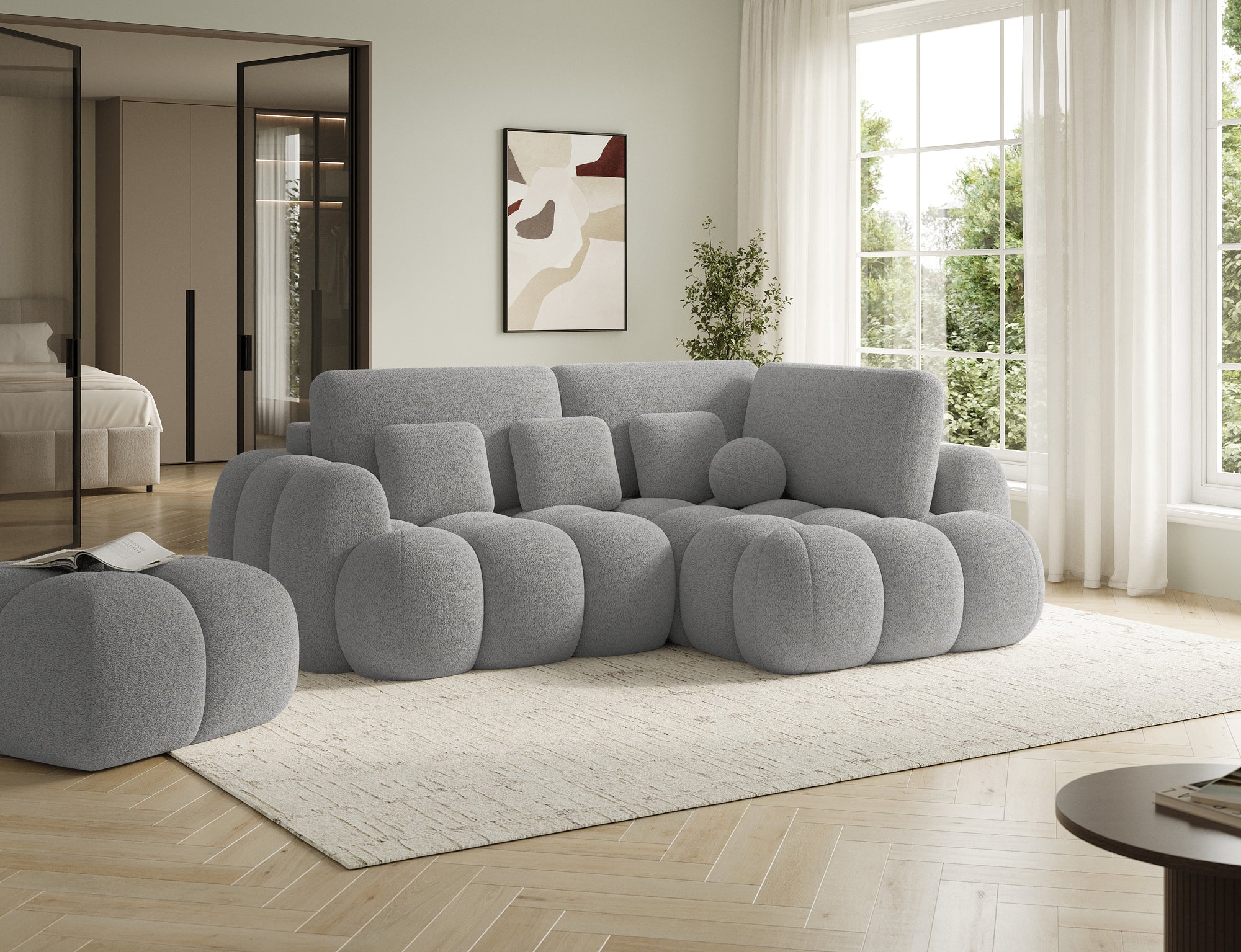 Canapé d'angle convertible design AUBER avec coffre de rangement - Bouclette chinée gris - vue 5