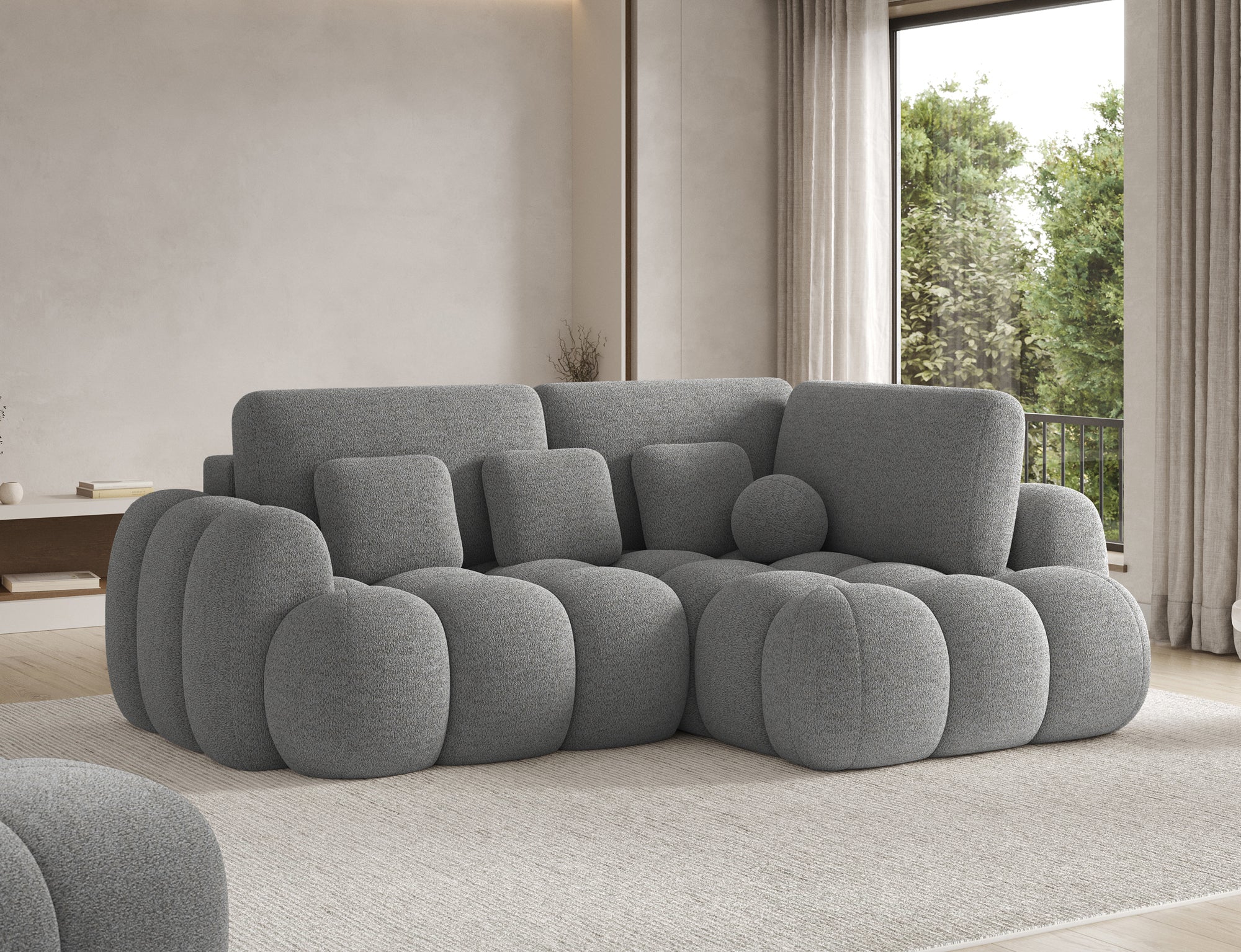Canapé d'angle convertible design AUBER avec coffre de rangement - Bouclette chinée gris - vue 6