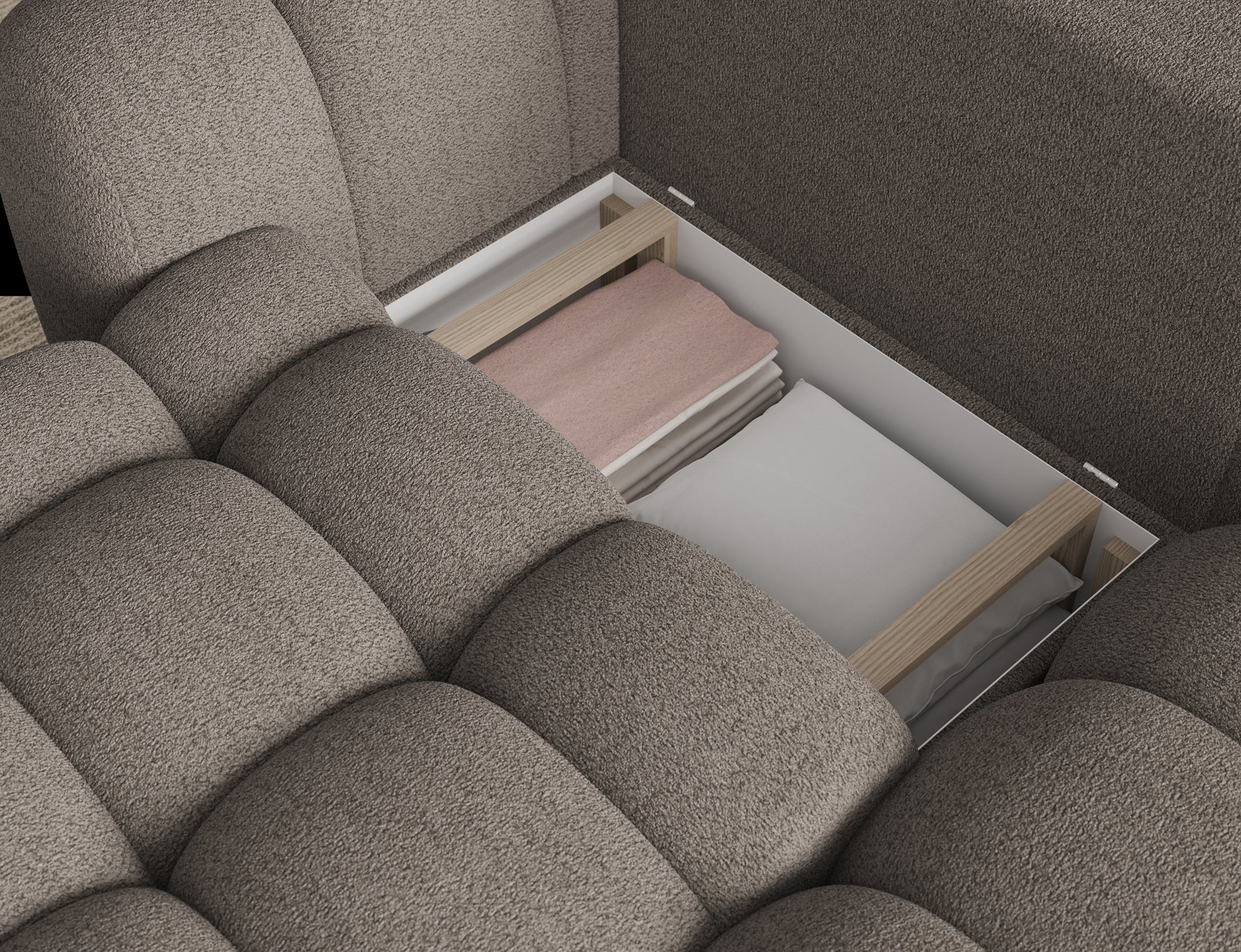 Canapé d'angle convertible design AUBER avec coffre de rangement - Bouclette chinée taupe - vue 9