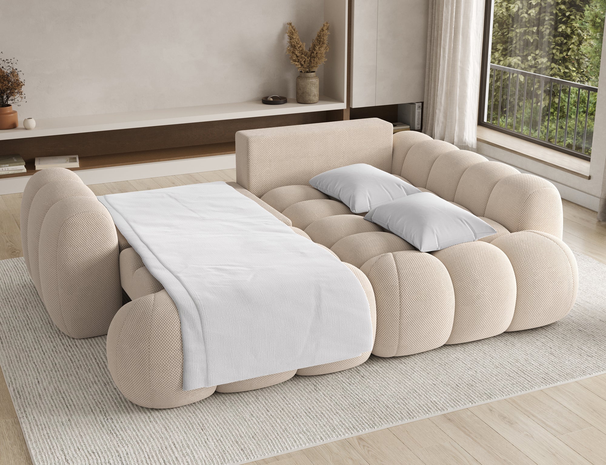 Canapé d'angle convertible design AUBER avec coffre de rangement - Tissu texturé beige - vue 2