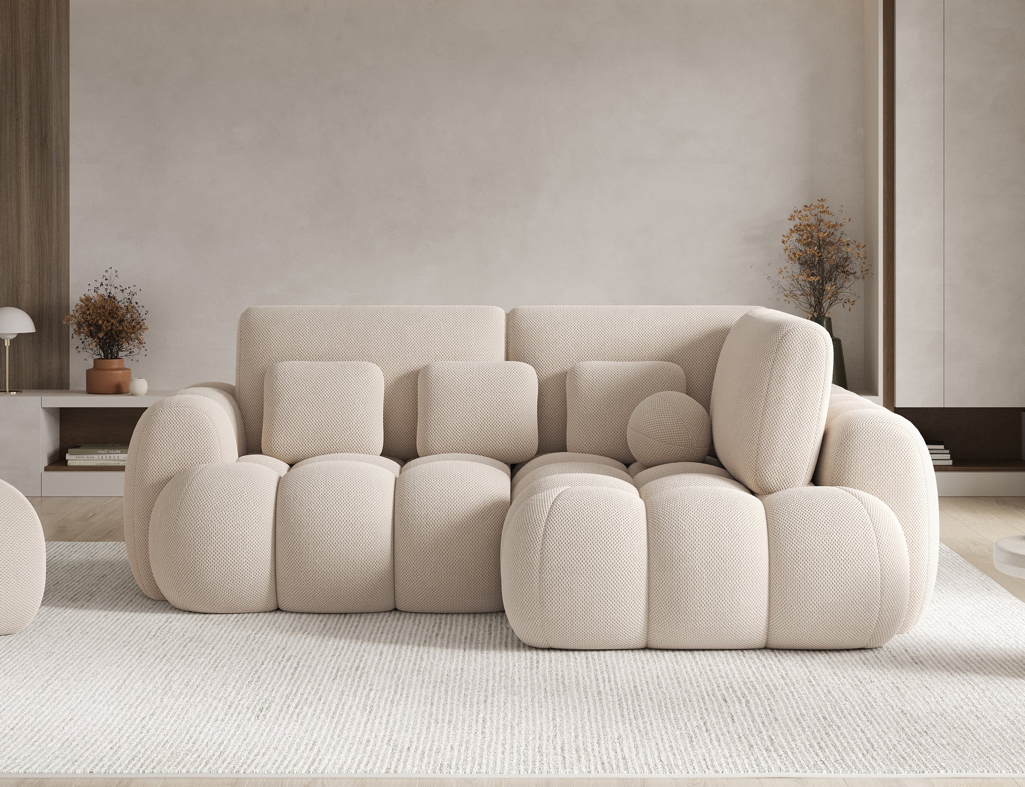 Canapé d'angle convertible design AUBER avec coffre de rangement - Tissu texturé beige - vue 3