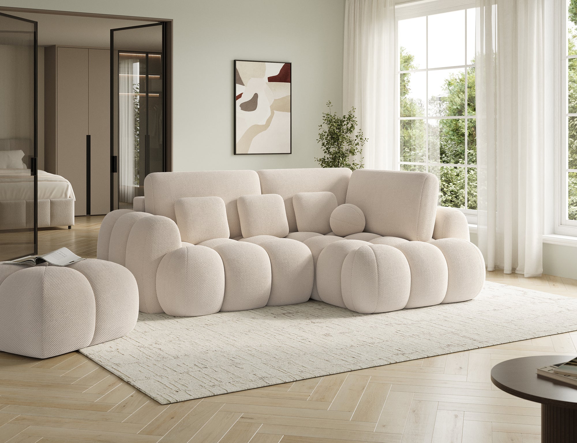 Canapé d'angle convertible design AUBER avec coffre de rangement - Tissu texturé beige - vue 5