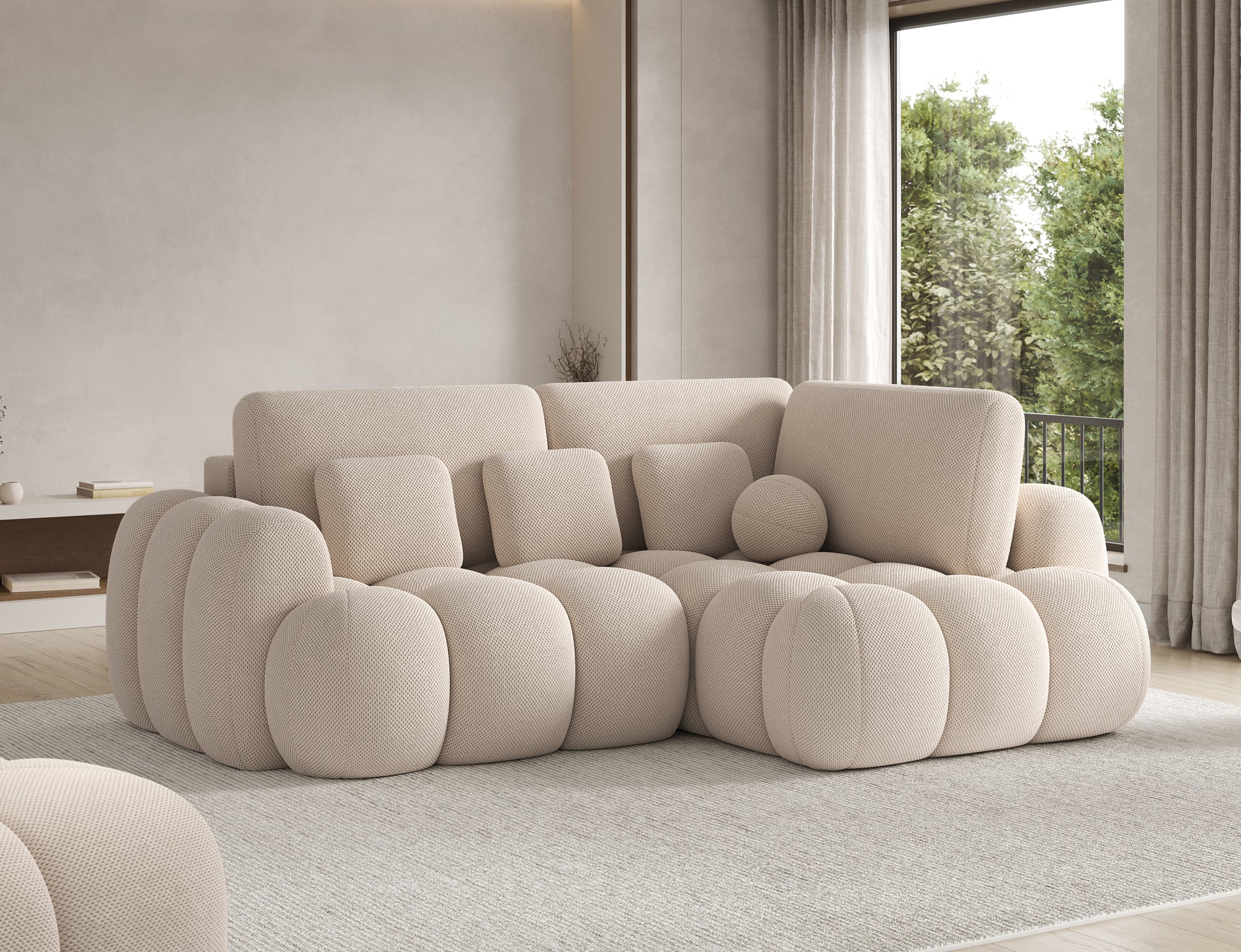 Canapé d'angle convertible design AUBER avec coffre de rangement - Tissu texturé beige - vue 6