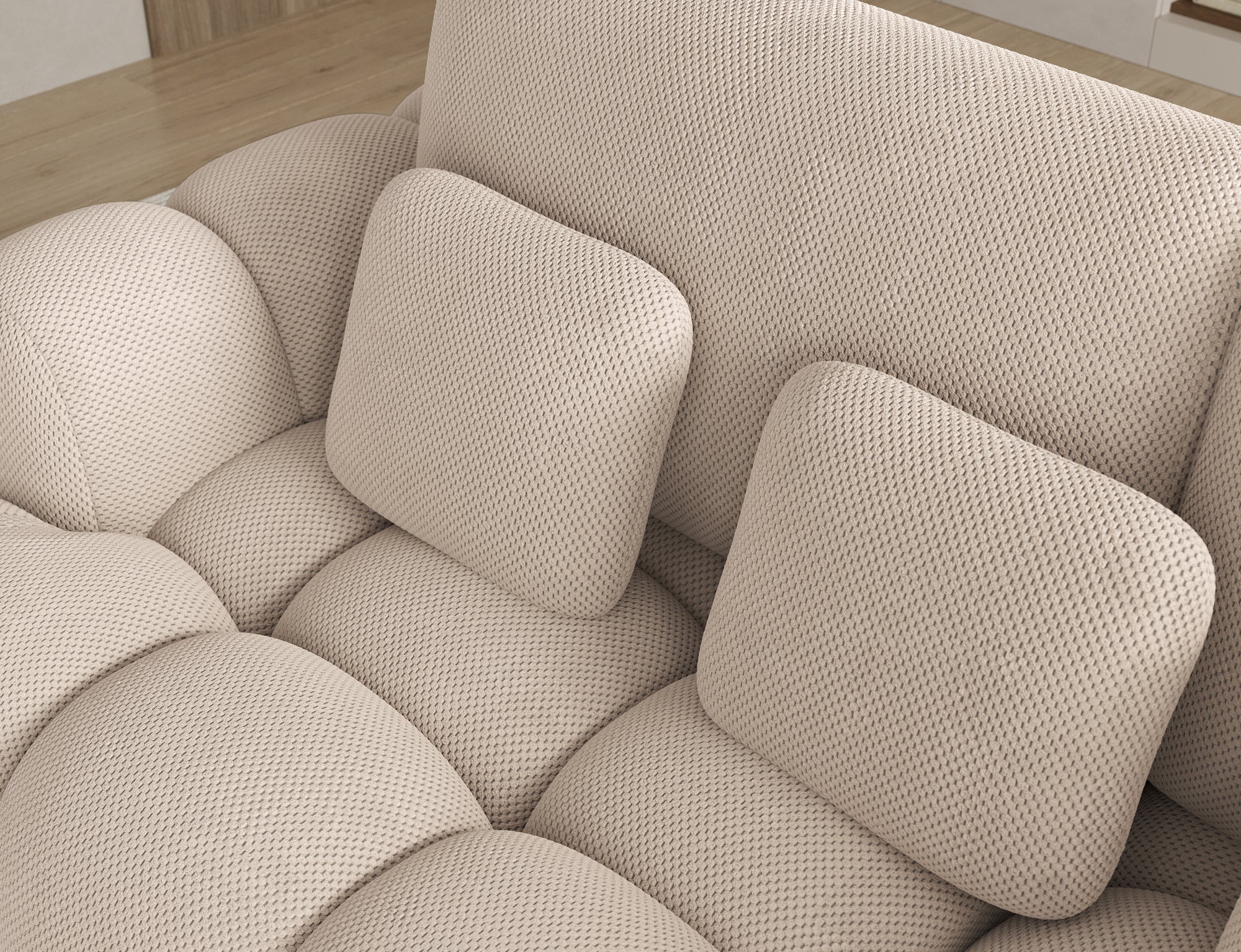 Canapé d'angle convertible design AUBER avec coffre de rangement - Tissu texturé beige - vue 7
