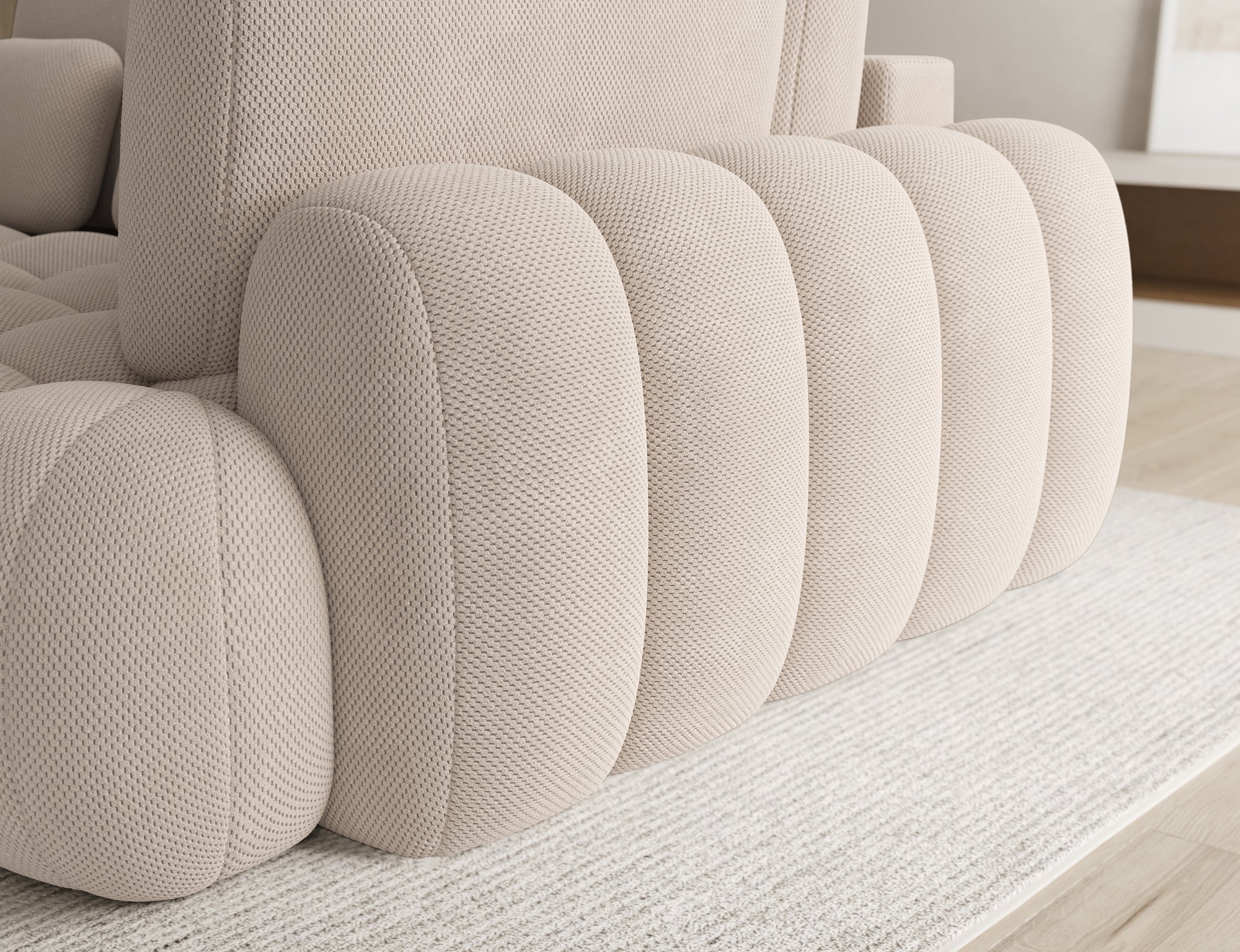 Canapé d'angle convertible design AUBER avec coffre de rangement - Tissu texturé beige - vue 8