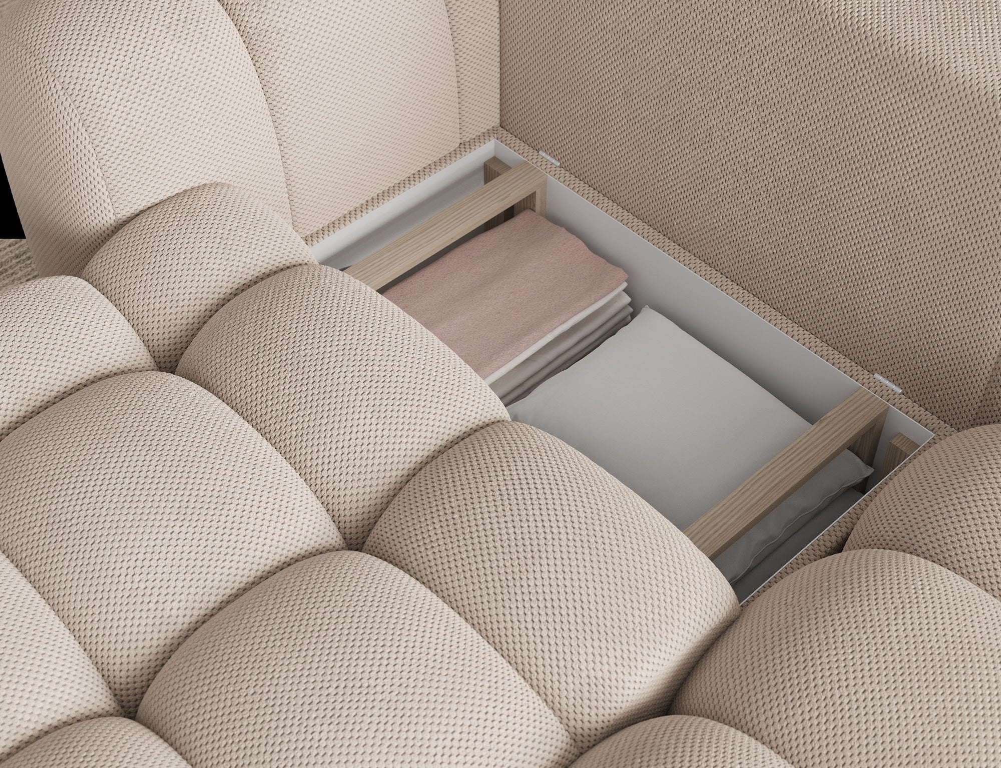 Canapé d'angle convertible design AUBER avec coffre de rangement - Tissu texturé beige - vue 9
