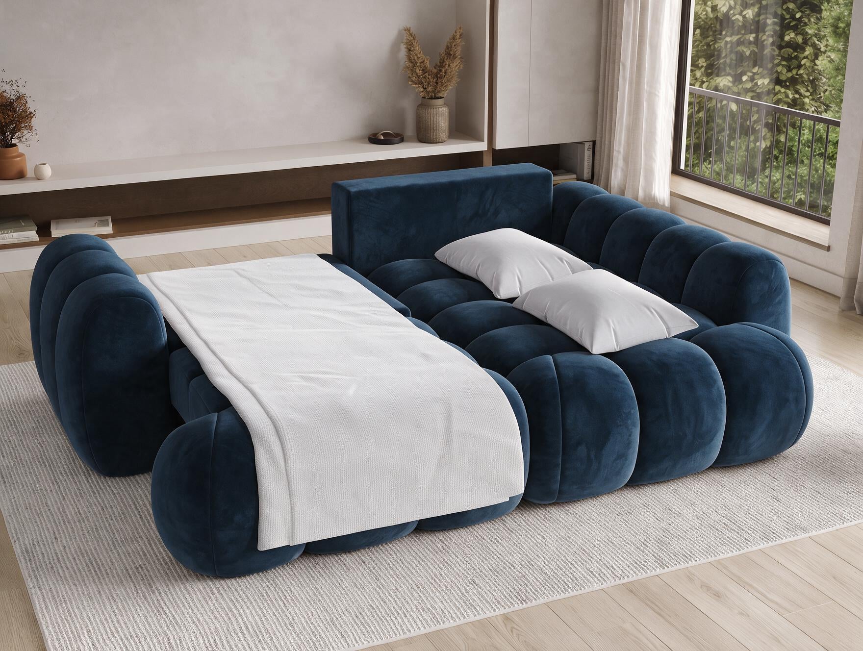Canapé d'angle convertible design AUBER avec coffre de rangement - Velours bleu marine - vue 2
