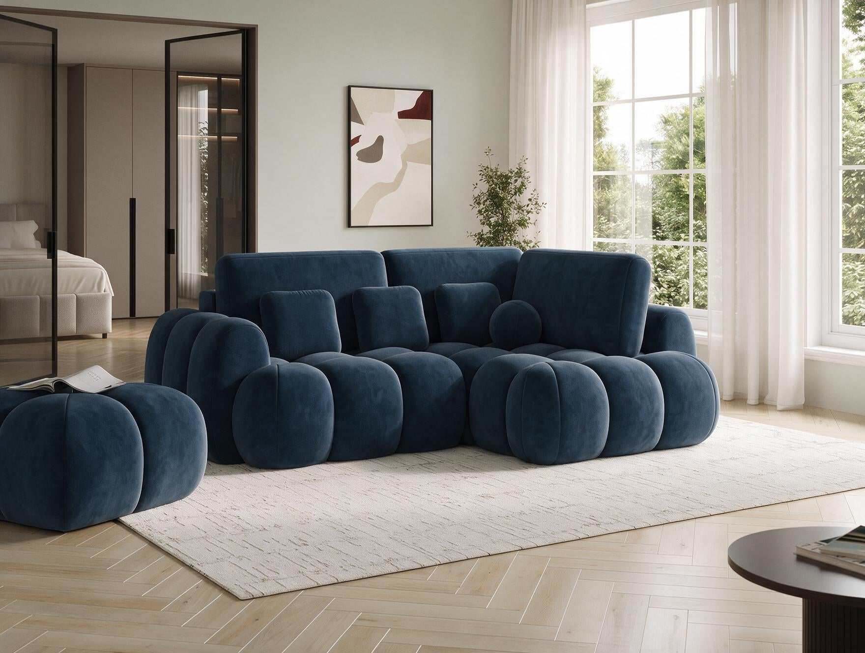 Canapé d'angle convertible design AUBER avec coffre de rangement - Velours bleu marine - vue 5