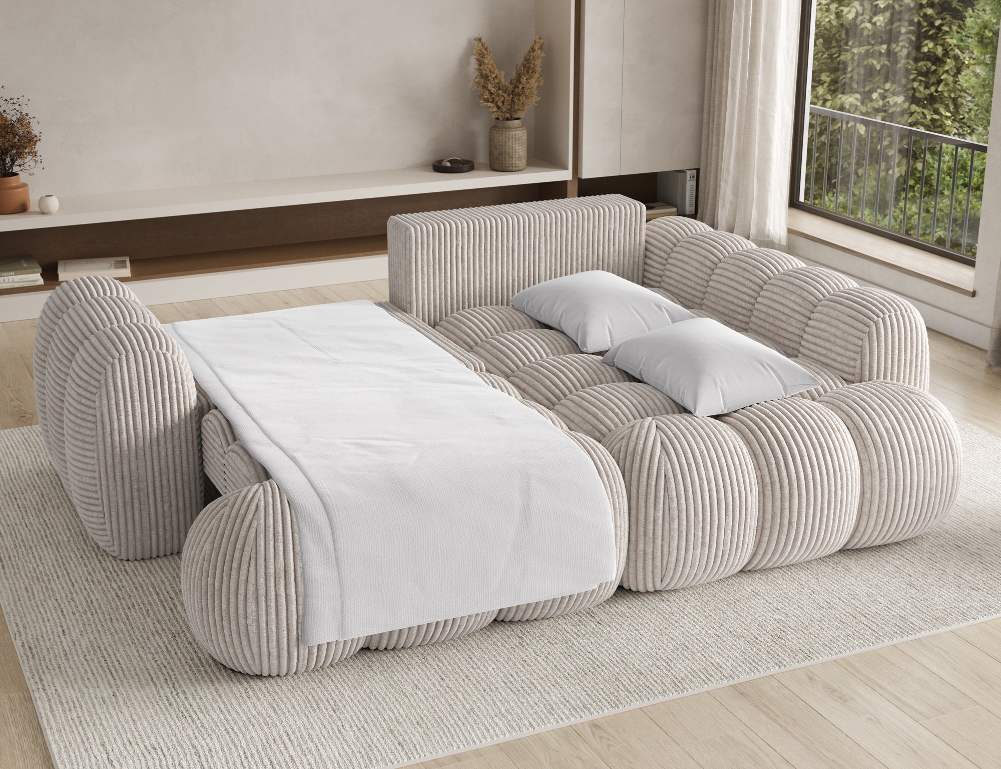 Canapé d'angle convertible design AUBER avec coffre de rangement - Velours côtelé épais beige - vue 2