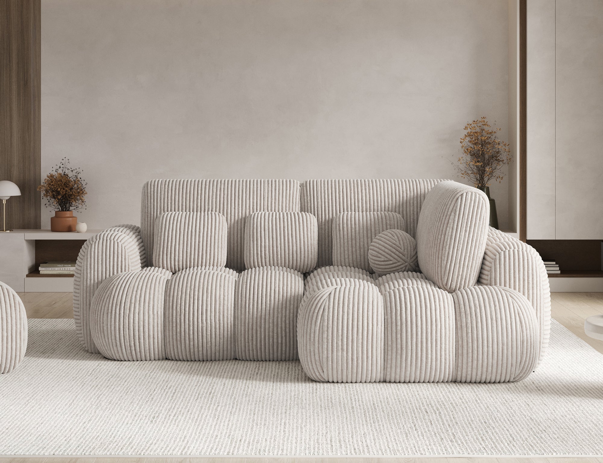 Canapé d'angle convertible design AUBER avec coffre de rangement - Velours côtelé épais beige - vue 3