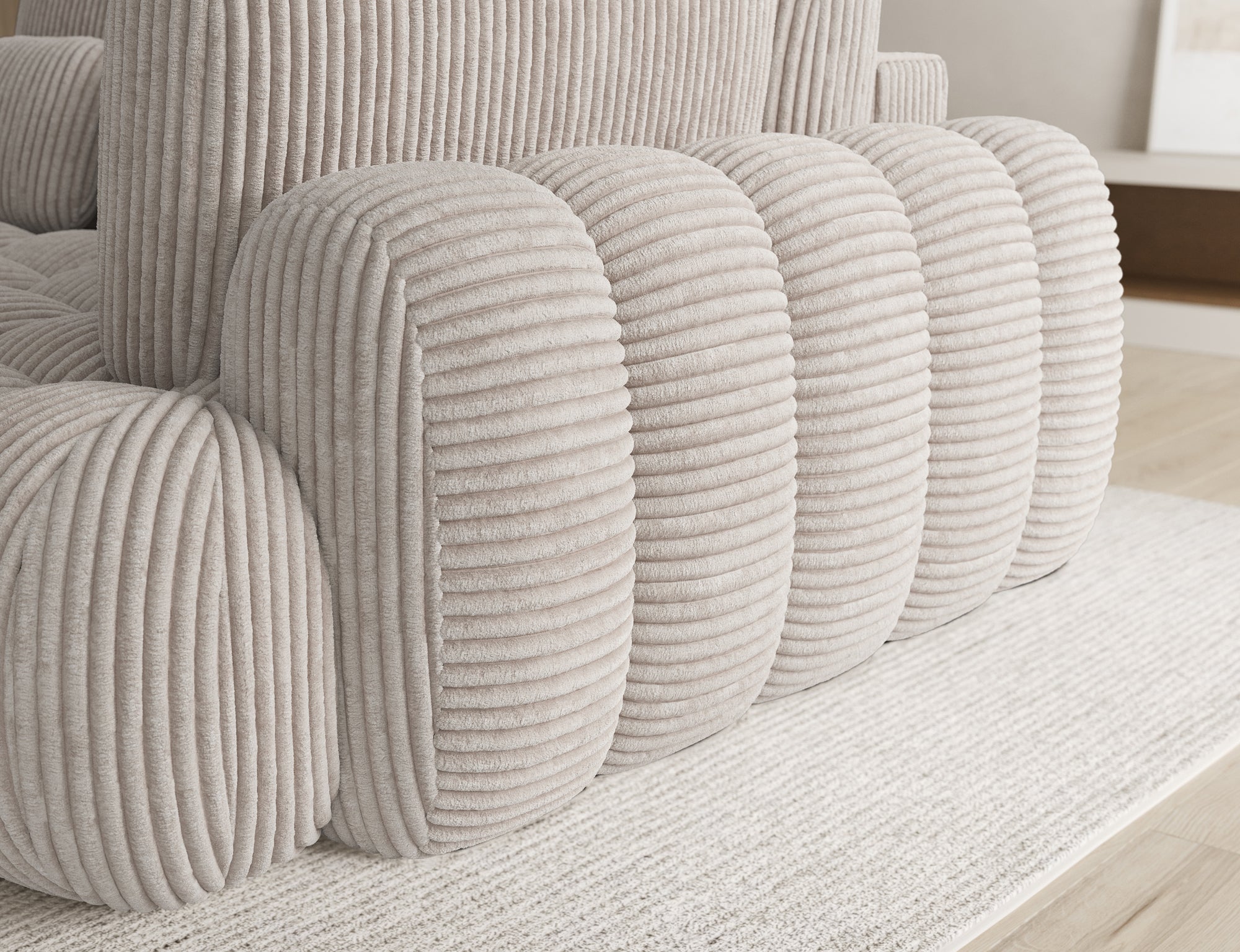Canapé d'angle convertible design AUBER avec coffre de rangement - Velours côtelé épais beige - vue 8