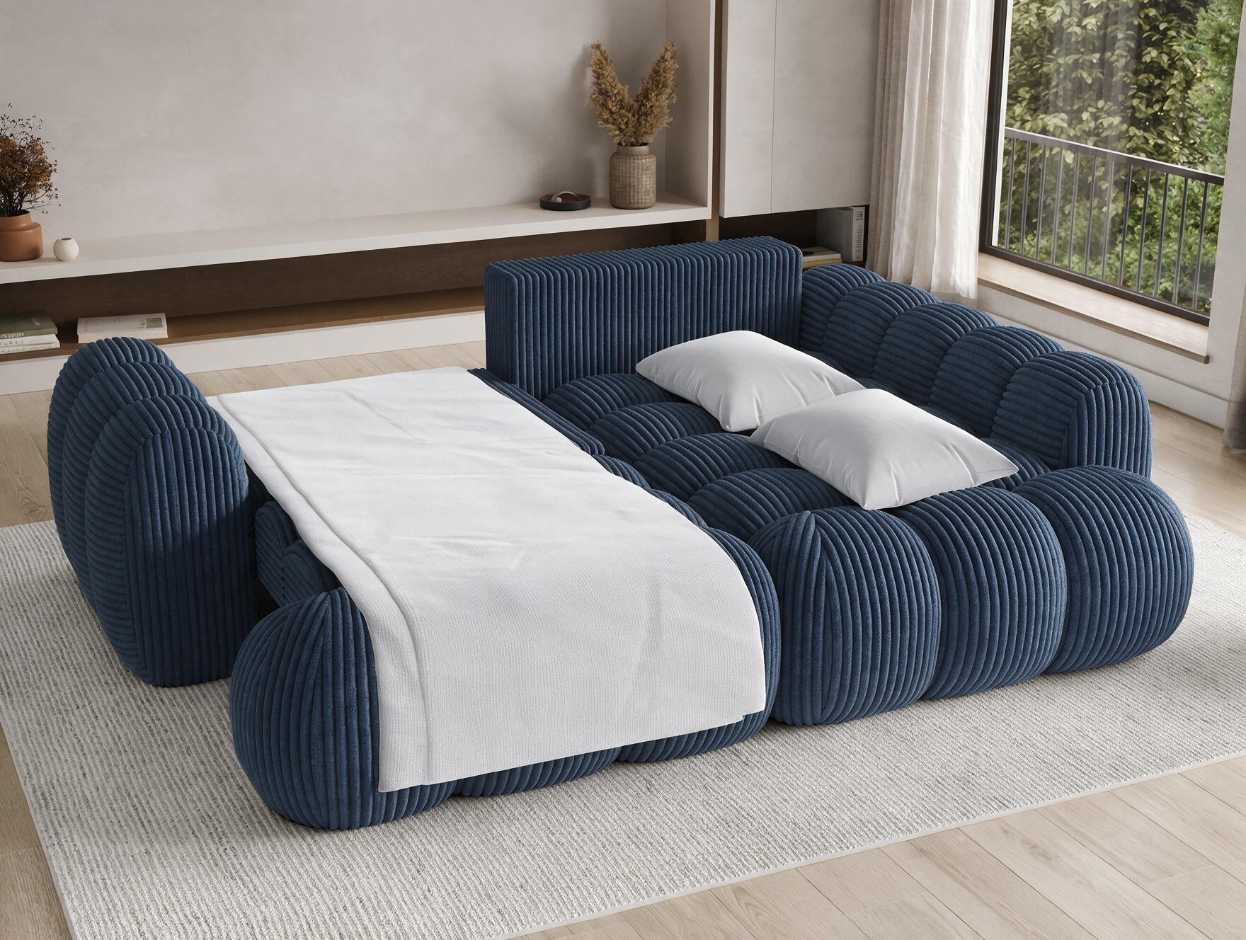 Canapé d'angle convertible design AUBER avec coffre de rangement - Velours côtelé épais bleu - vue 2