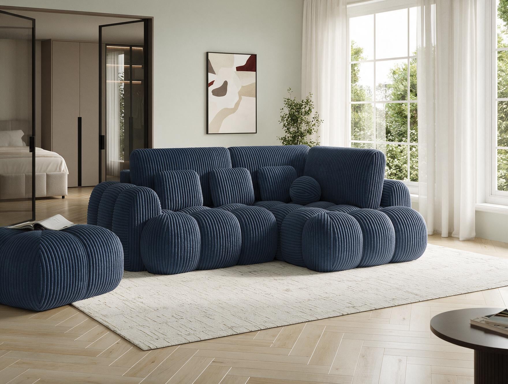Canapé d'angle convertible design AUBER avec coffre de rangement - Velours côtelé épais bleu - vue 5