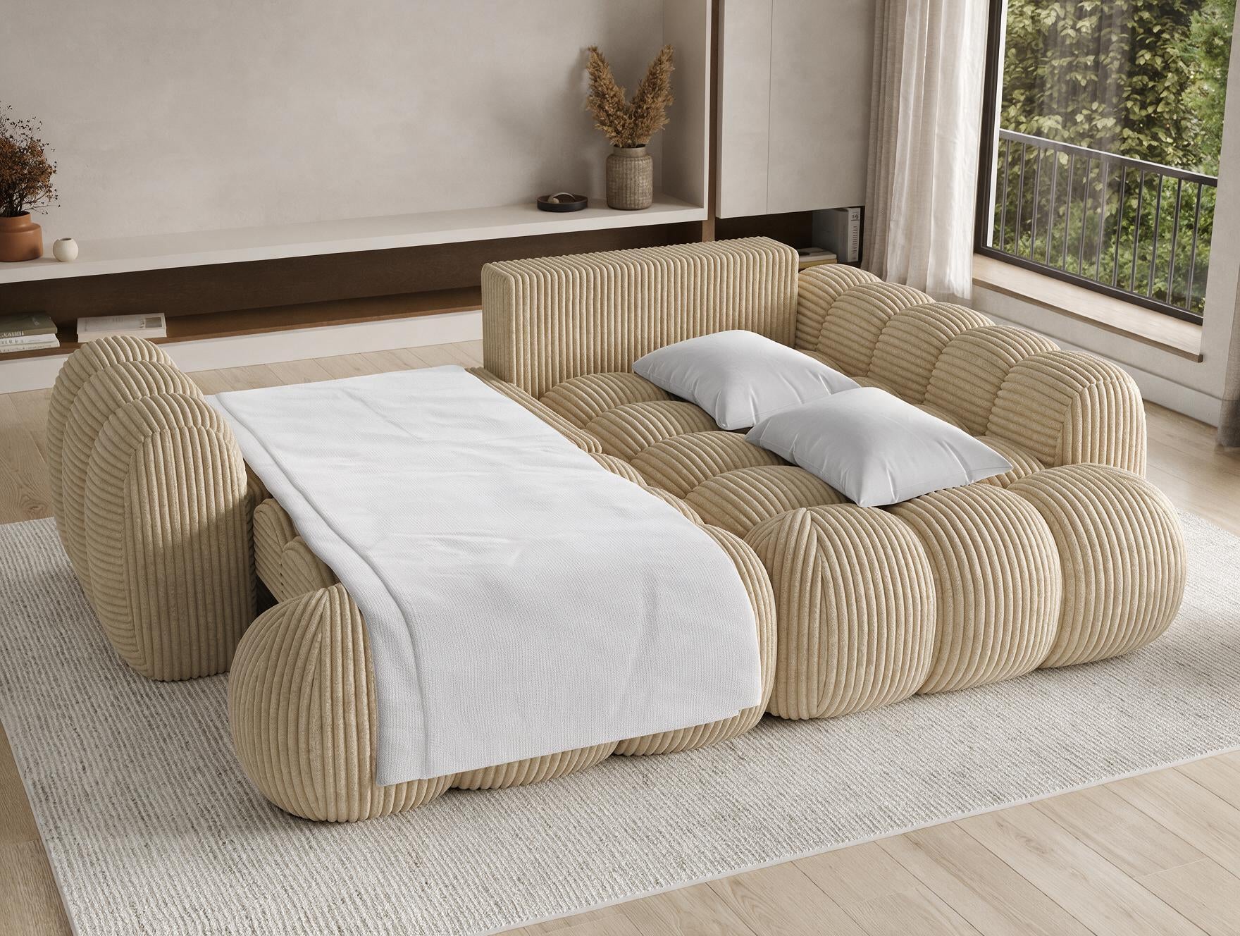 Canapé d'angle convertible design AUBER avec coffre de rangement - Velours côtelé épais camel - vue 2