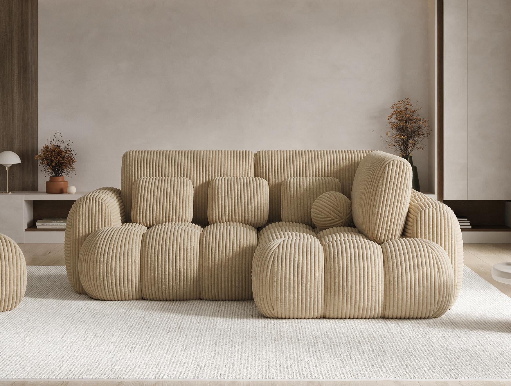 Canapé d'angle convertible design AUBER avec coffre de rangement - Velours côtelé épais camel - vue 3