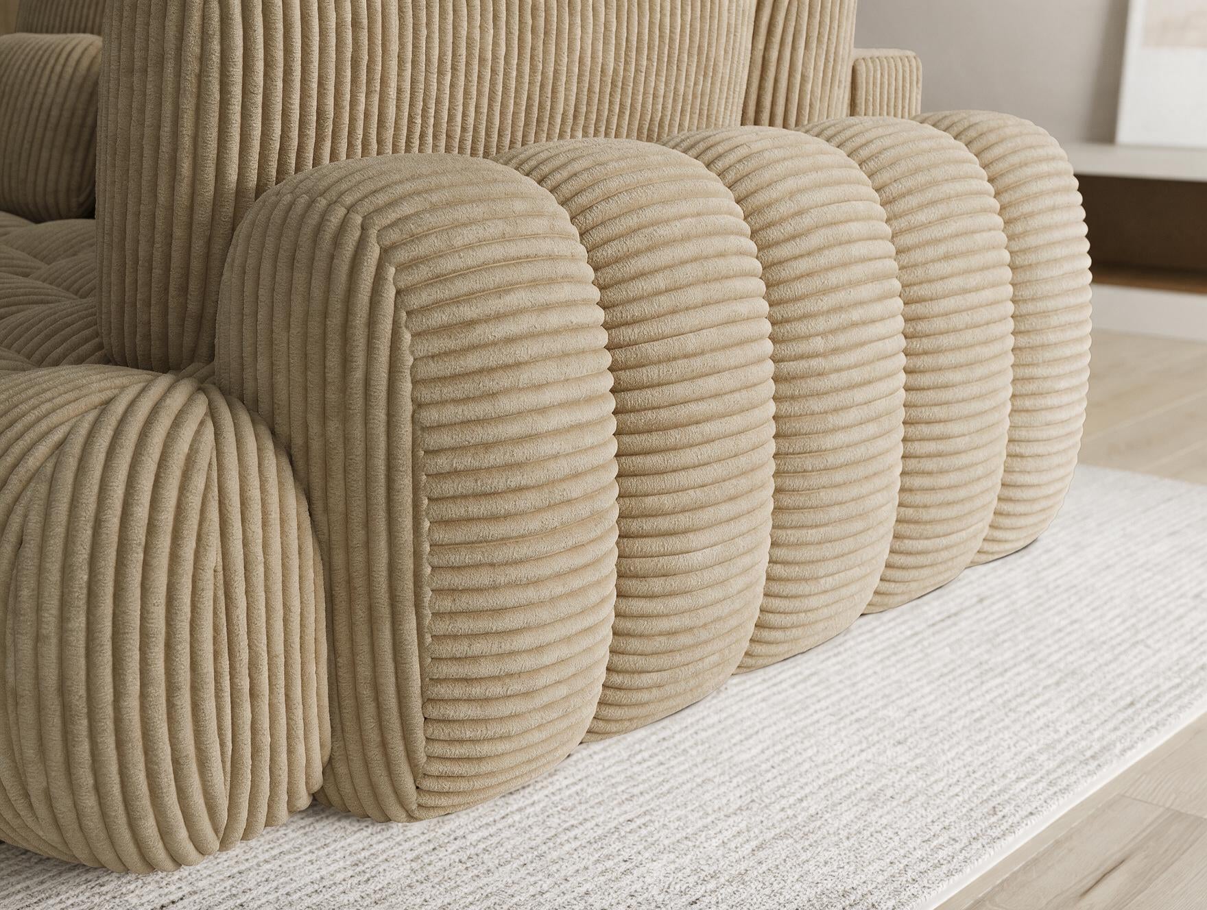Canapé d'angle convertible design AUBER avec coffre de rangement - Velours côtelé épais camel - vue 8