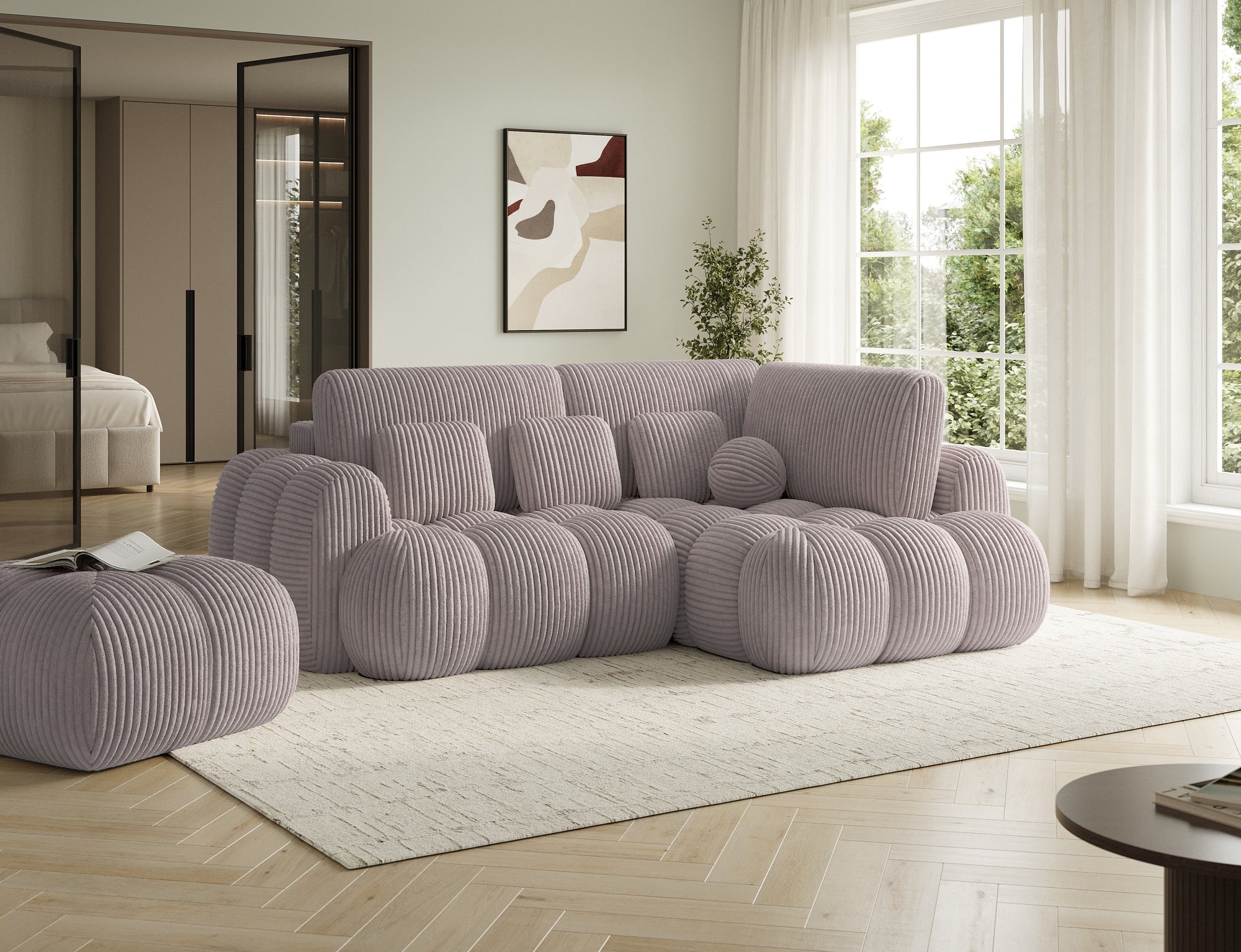 Canapé d'angle convertible design AUBER avec coffre de rangement - Velours côtelé épais gris clair - vue 5