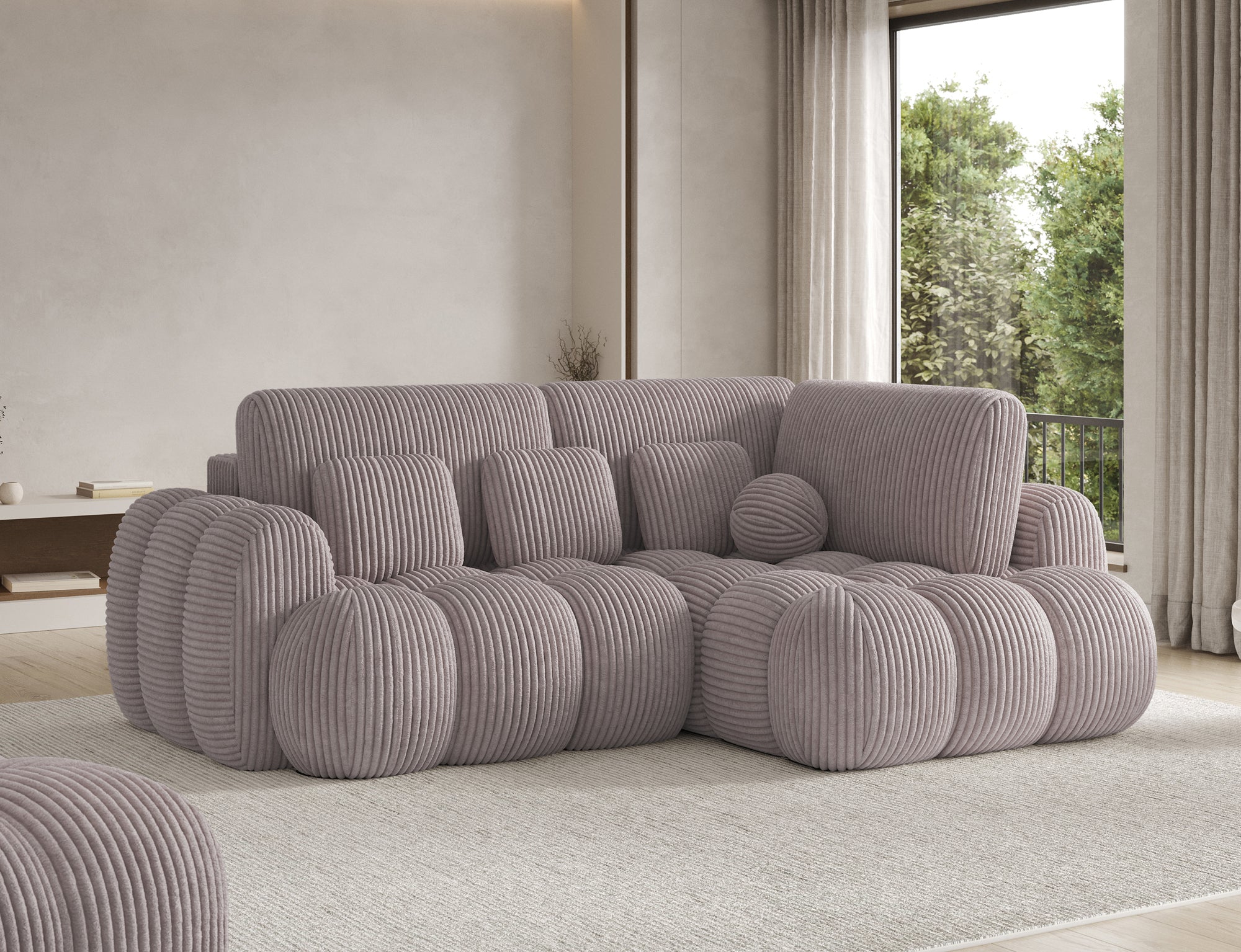 Canapé d'angle convertible design AUBER avec coffre de rangement - Velours côtelé épais gris clair - vue 6