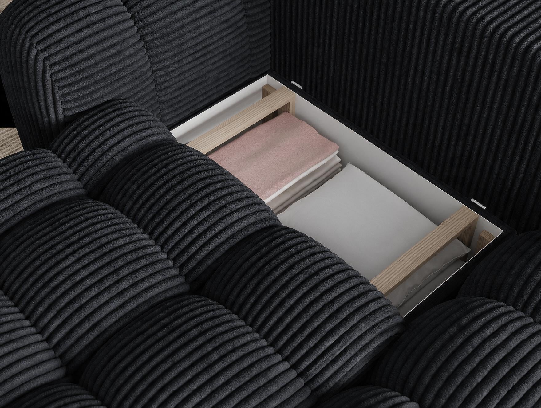 Canapé d'angle convertible design AUBER avec coffre de rangement - Velours côtelé épais noir - vue 9