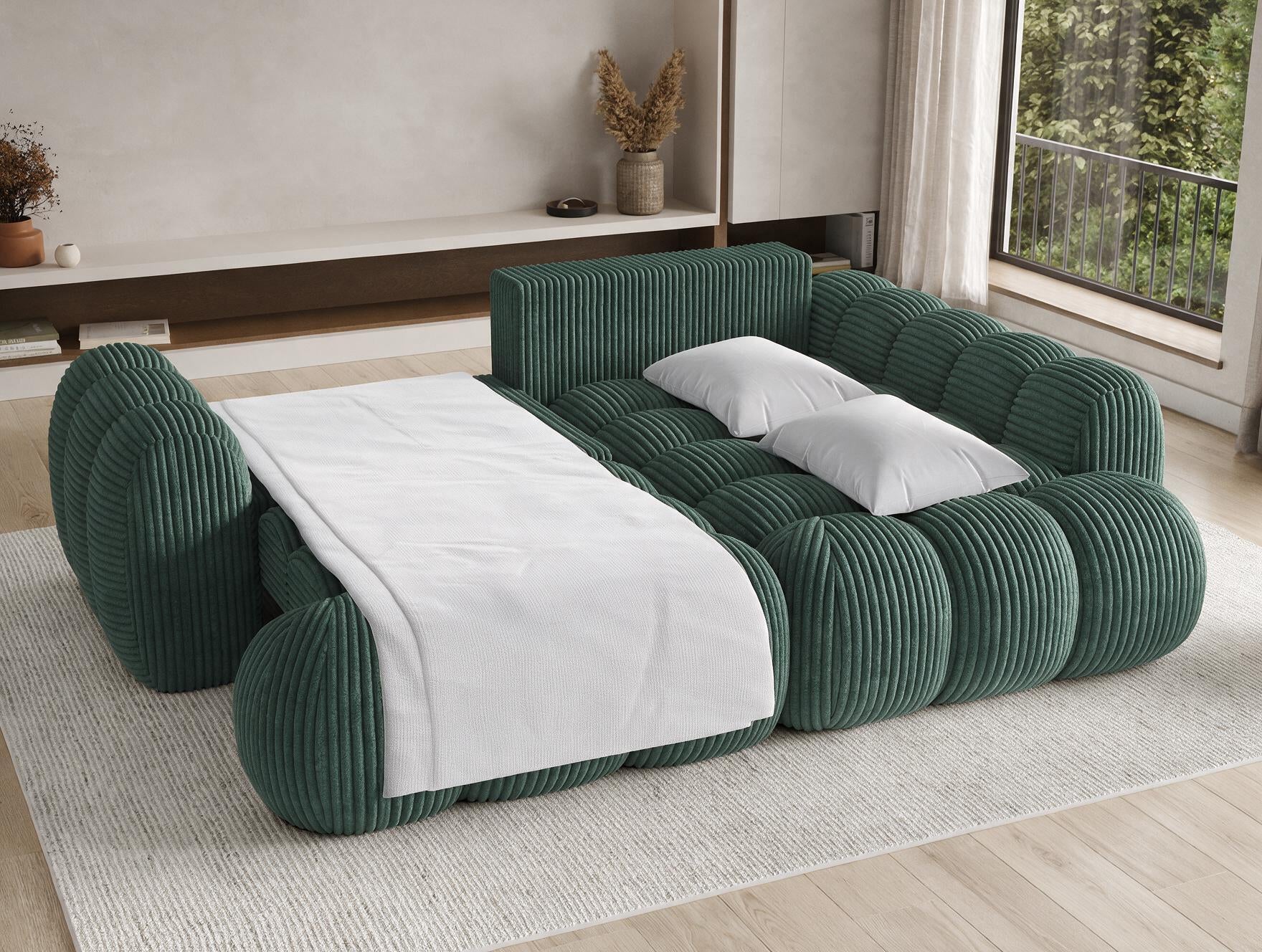 Canapé d'angle convertible design AUBER avec coffre de rangement - Velours côtelé épais vert - vue 2