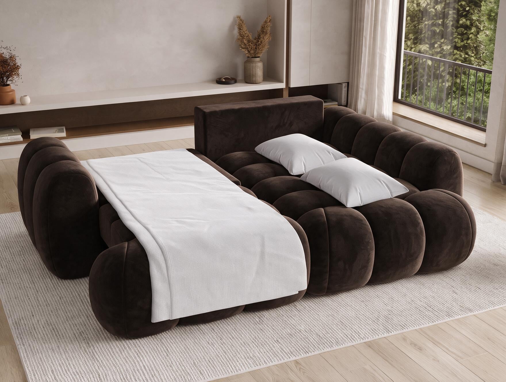 Canapé d'angle convertible design AUBER avec coffre de rangement - Velours marron foncé - vue 2