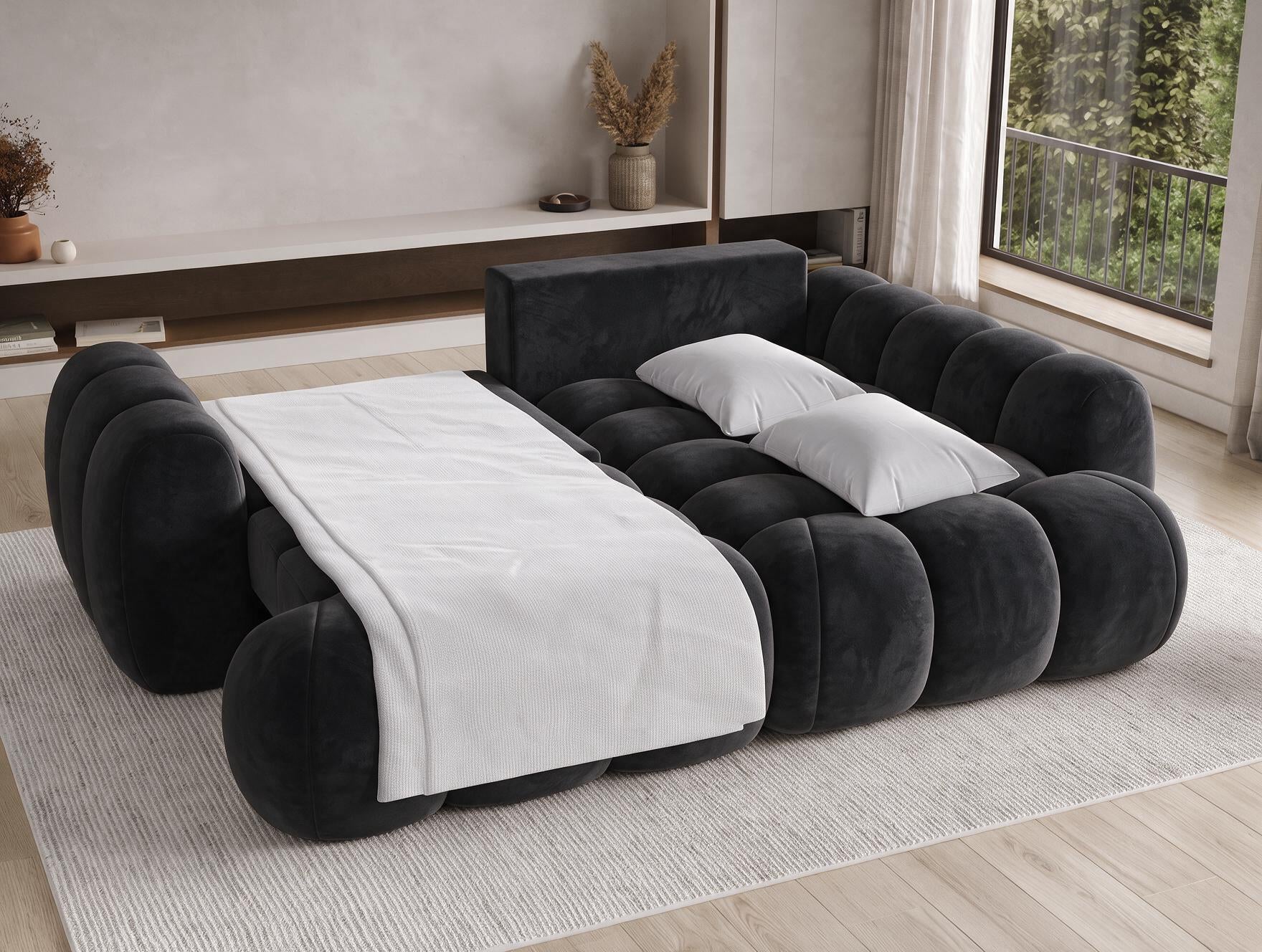 Canapé d'angle convertible design AUBER avec coffre de rangement - Velours noir - vue 2