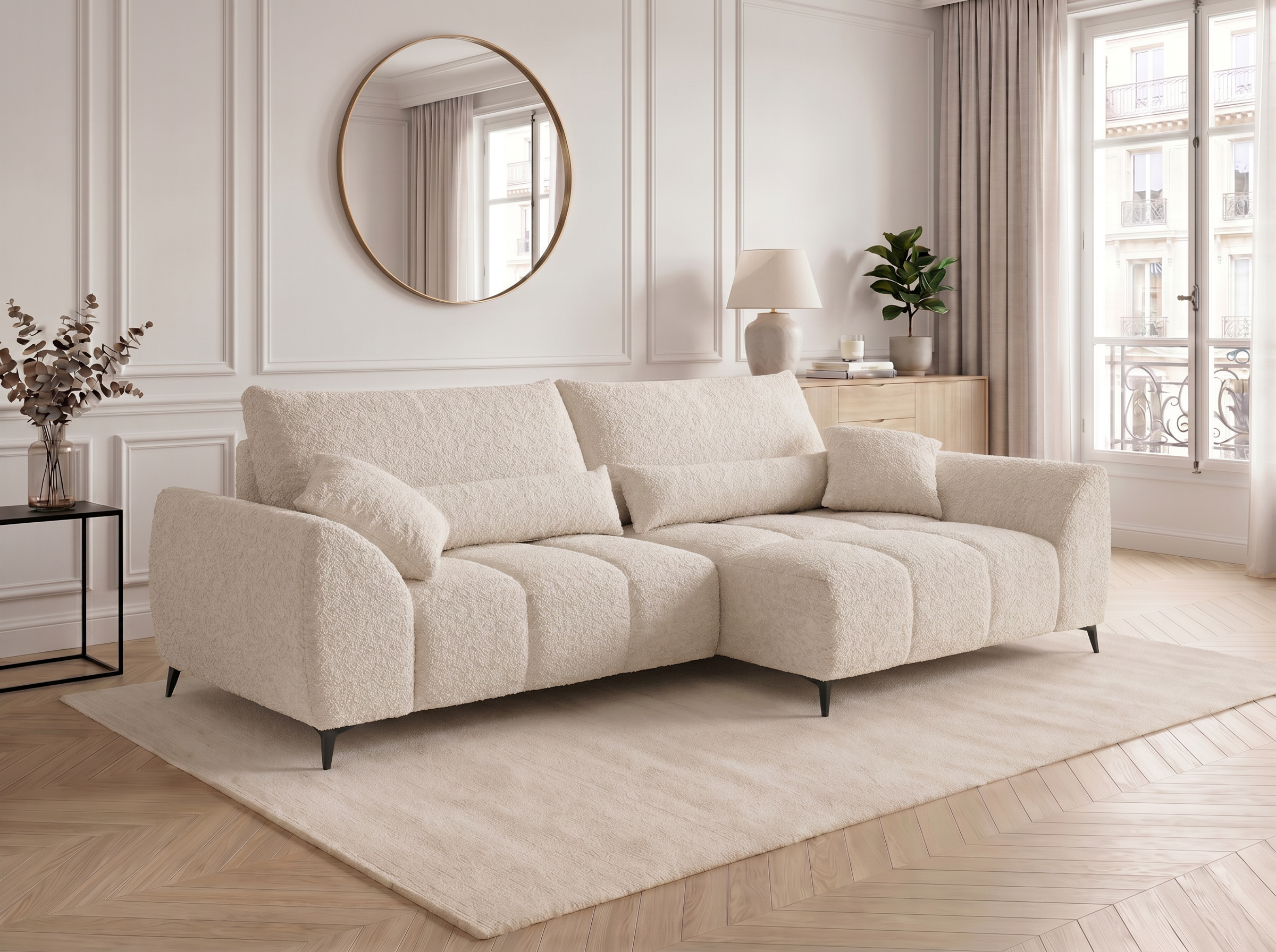 Canapé d'angle convertible BATIGNOLLES bouclé beige avec coffre de rangement - vue 1
