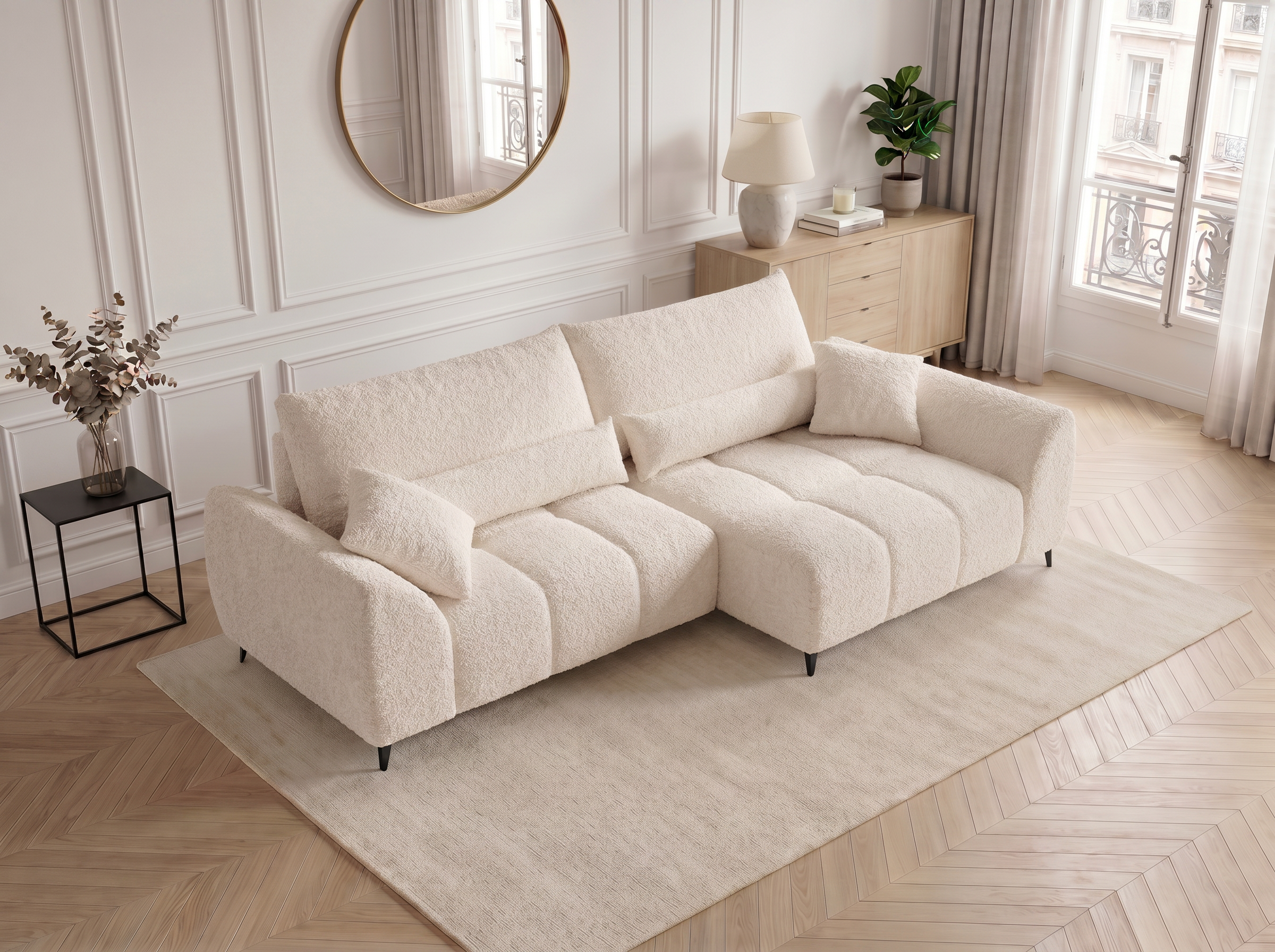 Canapé d'angle convertible BATIGNOLLES bouclé beige avec coffre de rangement - vue 11