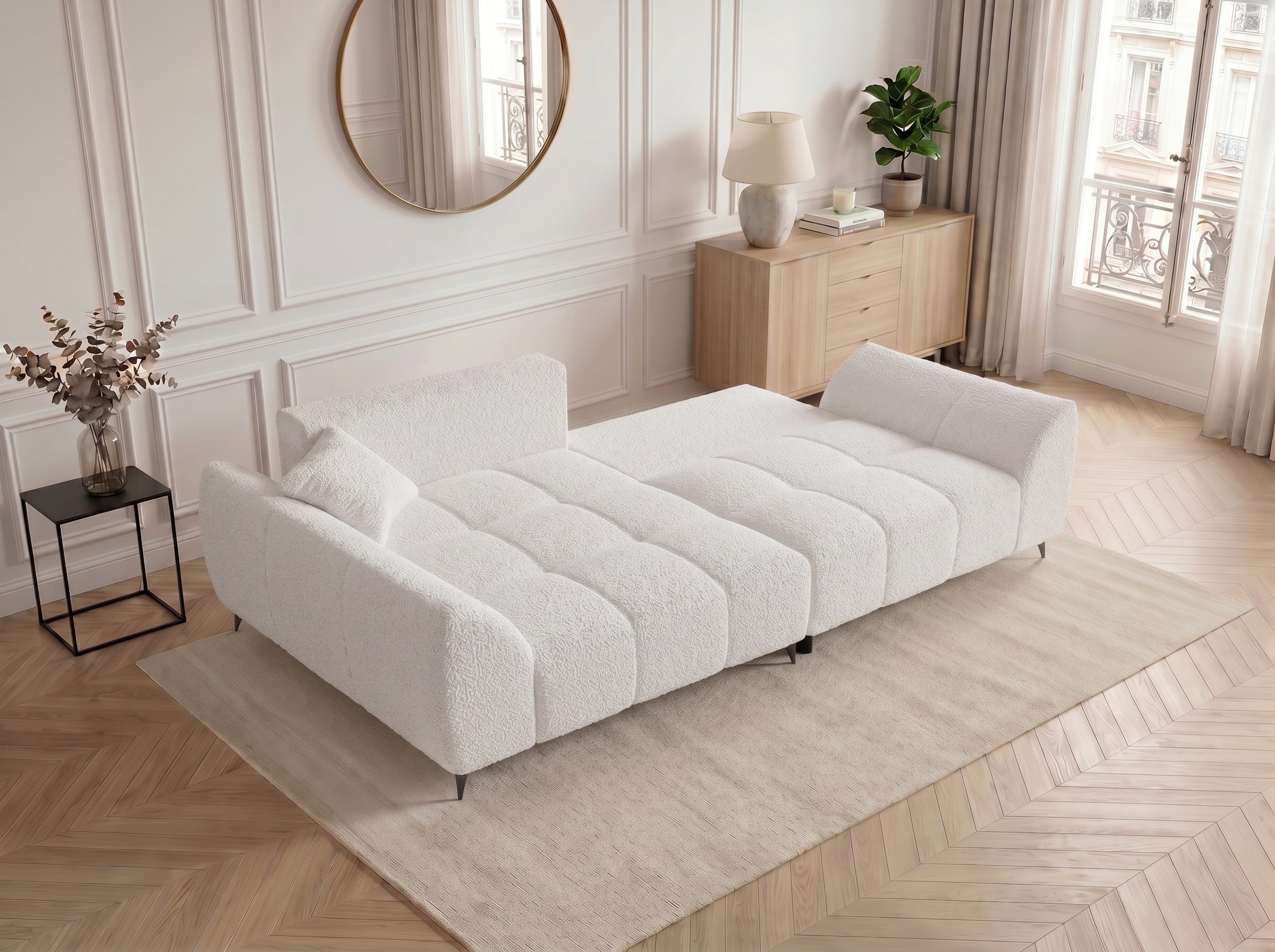 Canapé d'angle convertible BATIGNOLLES bouclé blanc avec coffre de rangement - vue 4