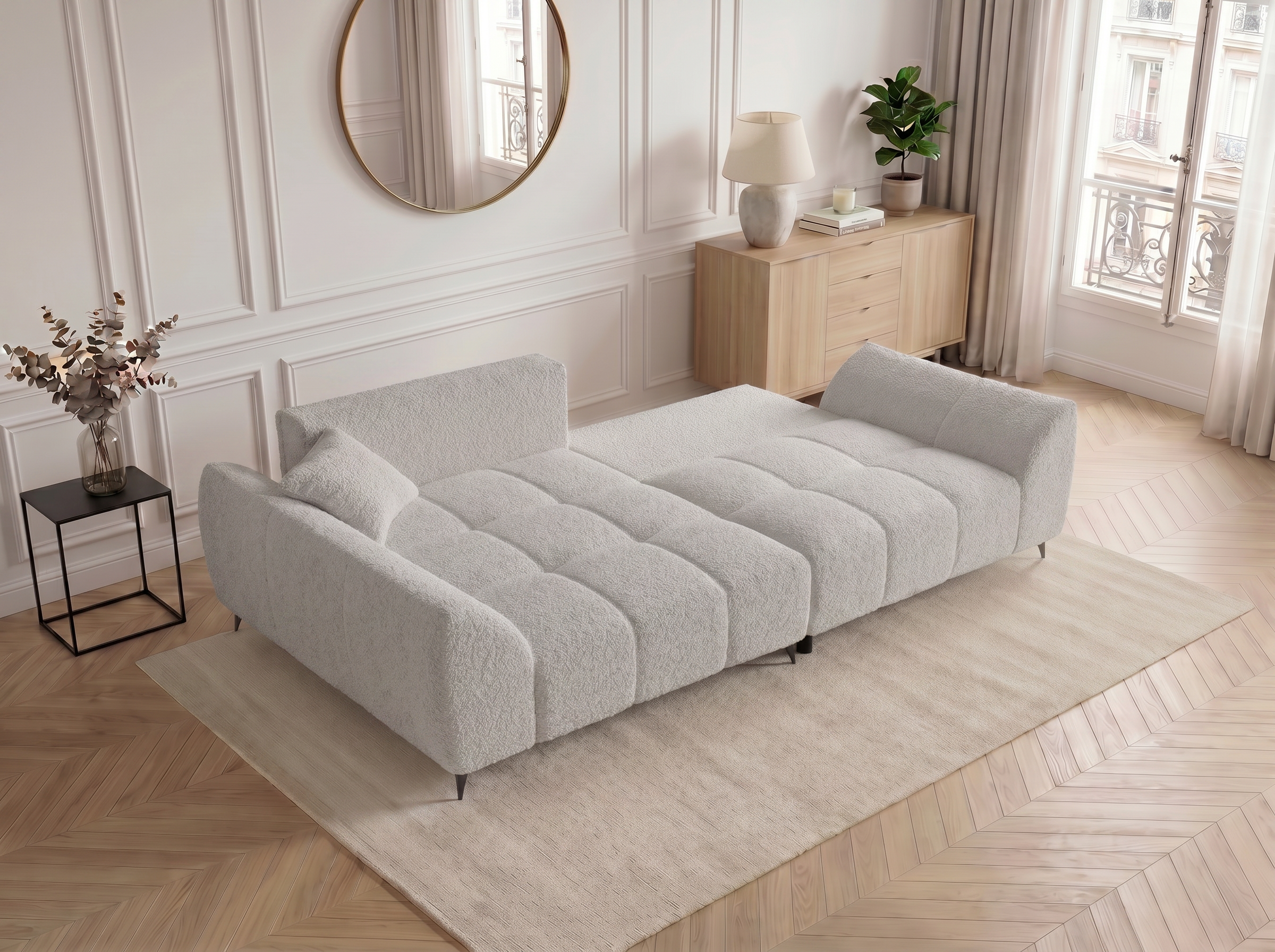 Canapé d'angle convertible BATIGNOLLES bouclé gris clair avec coffre de rangement - vue 7