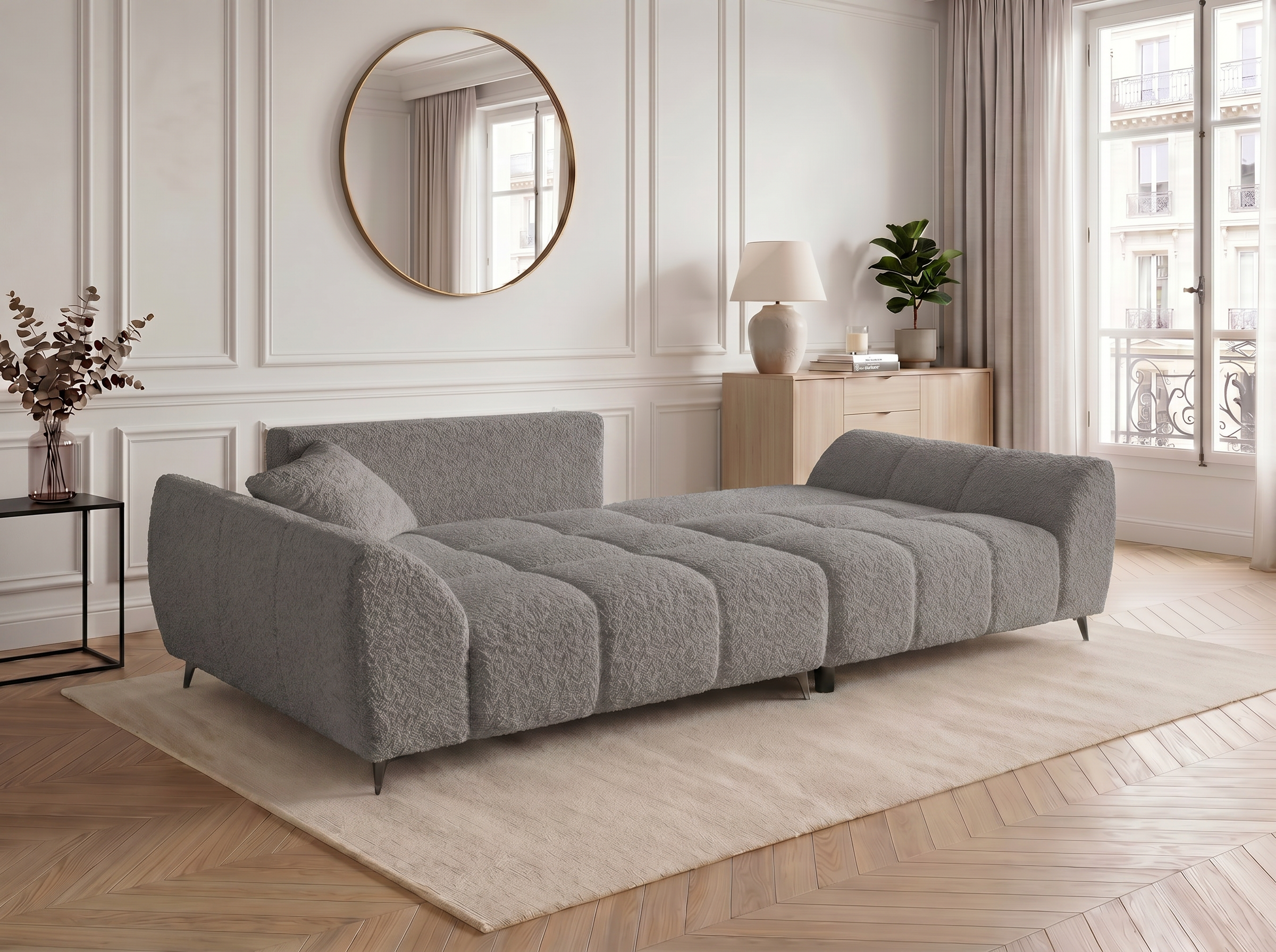 Canapé d'angle convertible BATIGNOLLES bouclé gris foncé avec coffre de rangement - vue 7